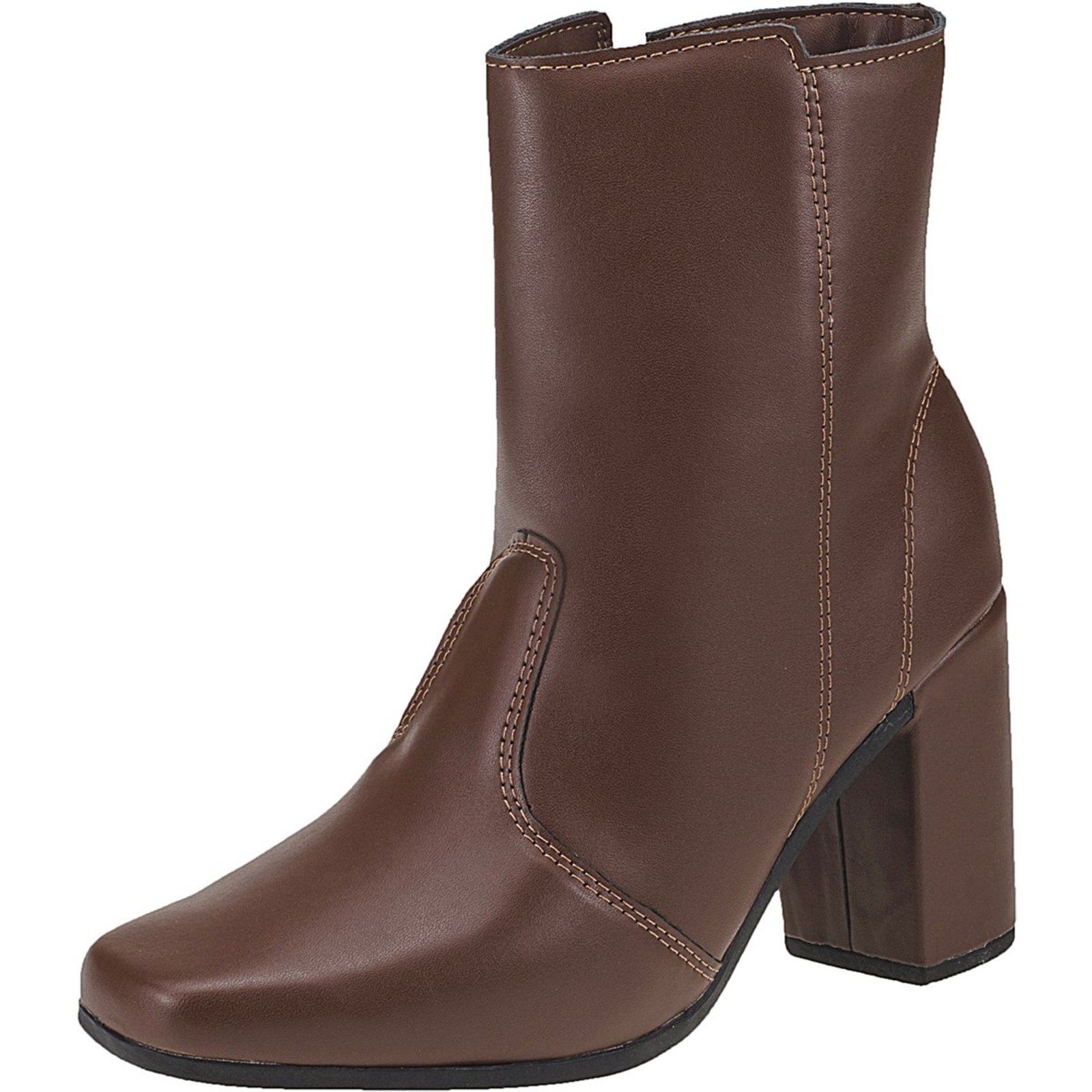 Bota Feminina Bico Quadrado Salto Alto Grosso Cotorno Cano Médio Confortavel Ziper Marrom