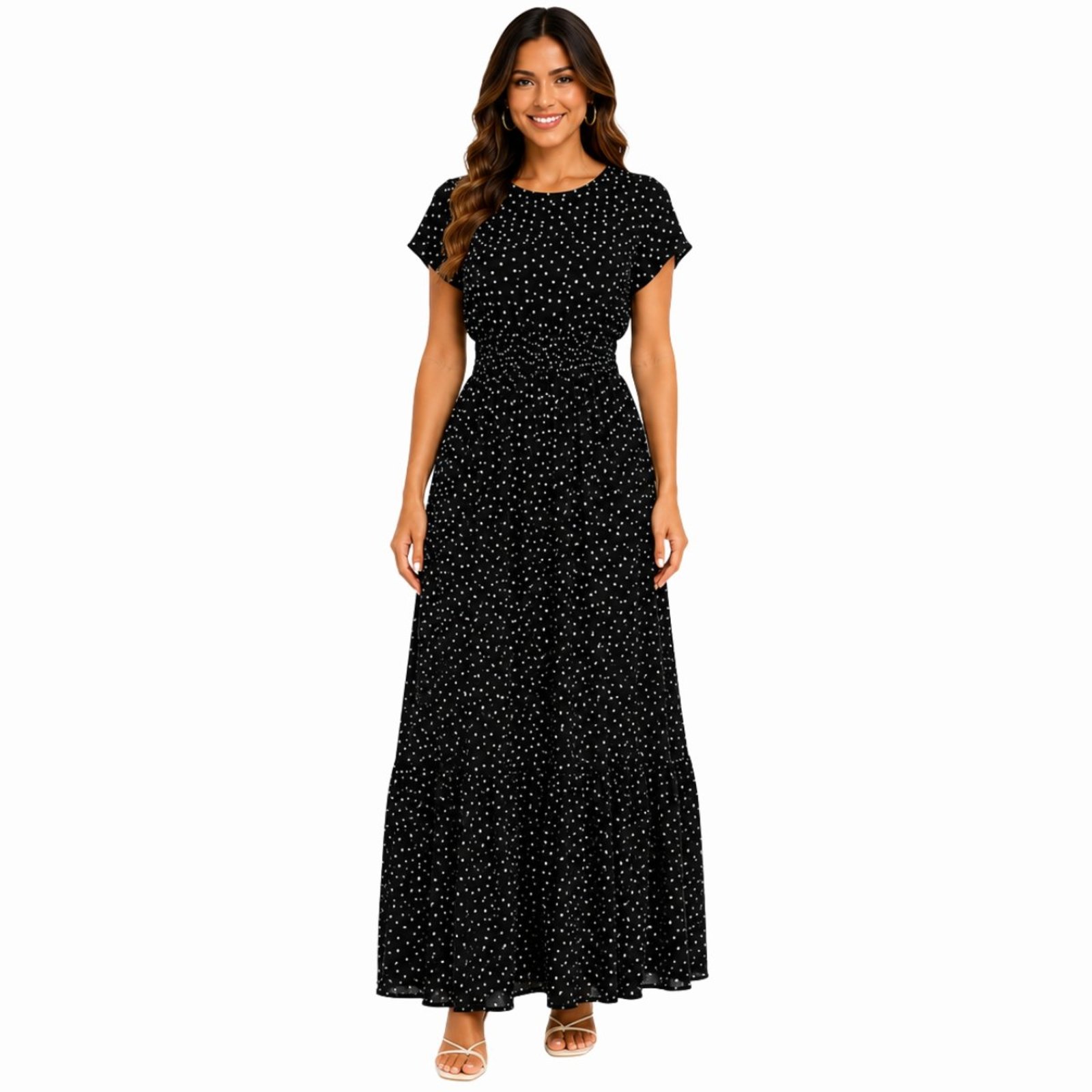 Vestido Feminino Longo Poá com Lastex Manga Curta e Babado Preto