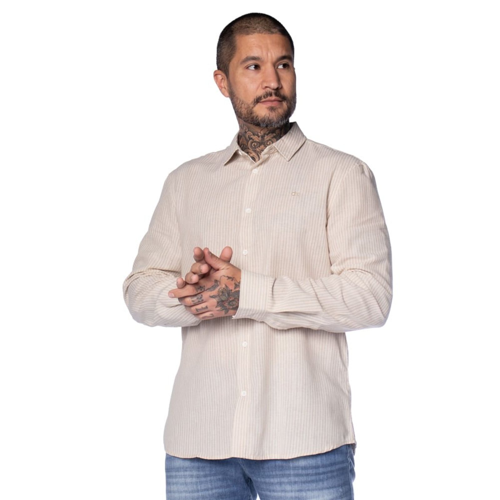 Camisa Masculina Dixie Slim Manga Longa Listras Bege