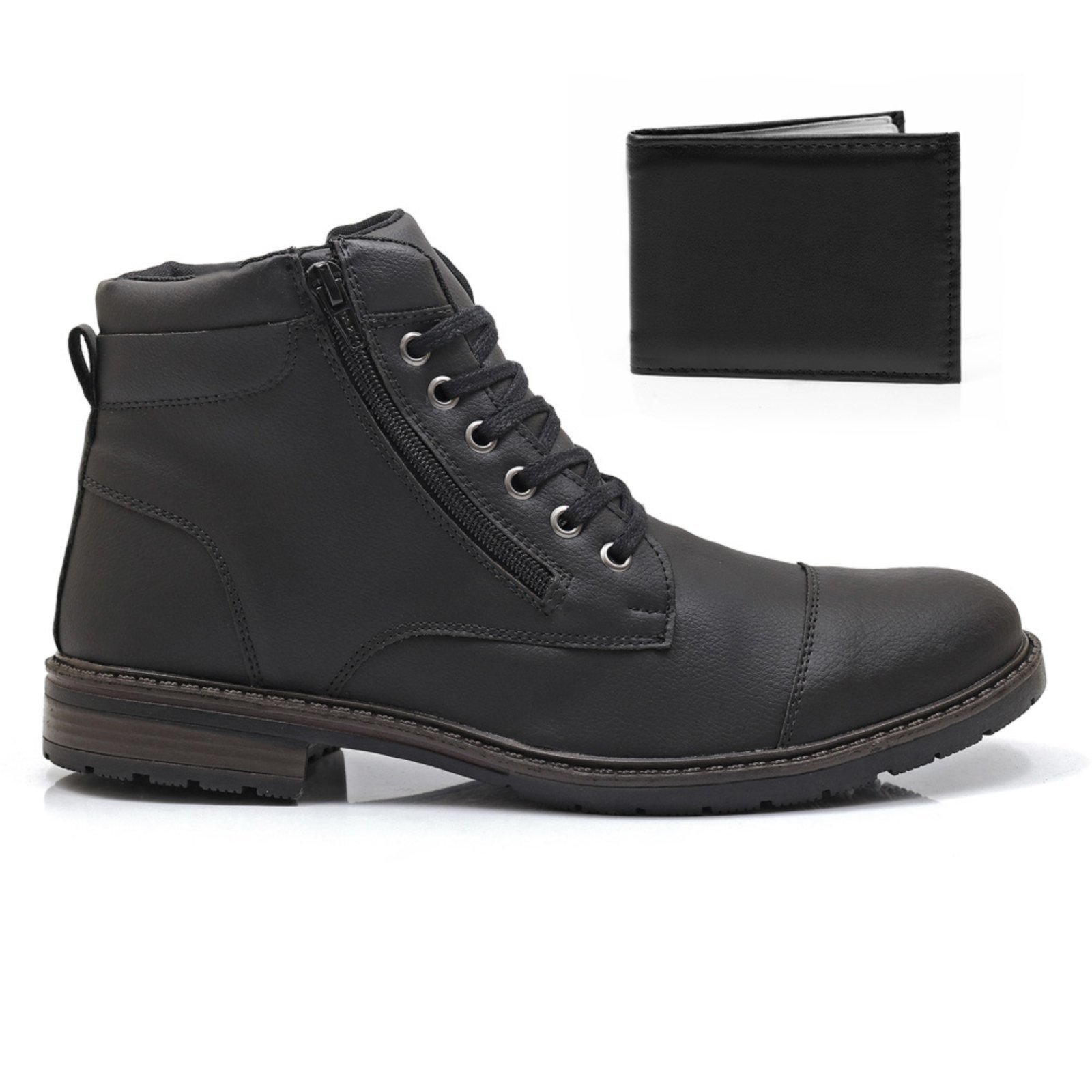 Kit Bota Coturno Com Carteira Masculina Épico Casual Zíper Conforto Leve Preto