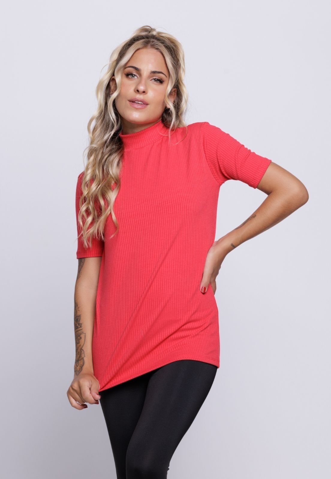 Blusa Canelada Vekyo Manga Curta Gola Alta Feminina Casual Vermelho