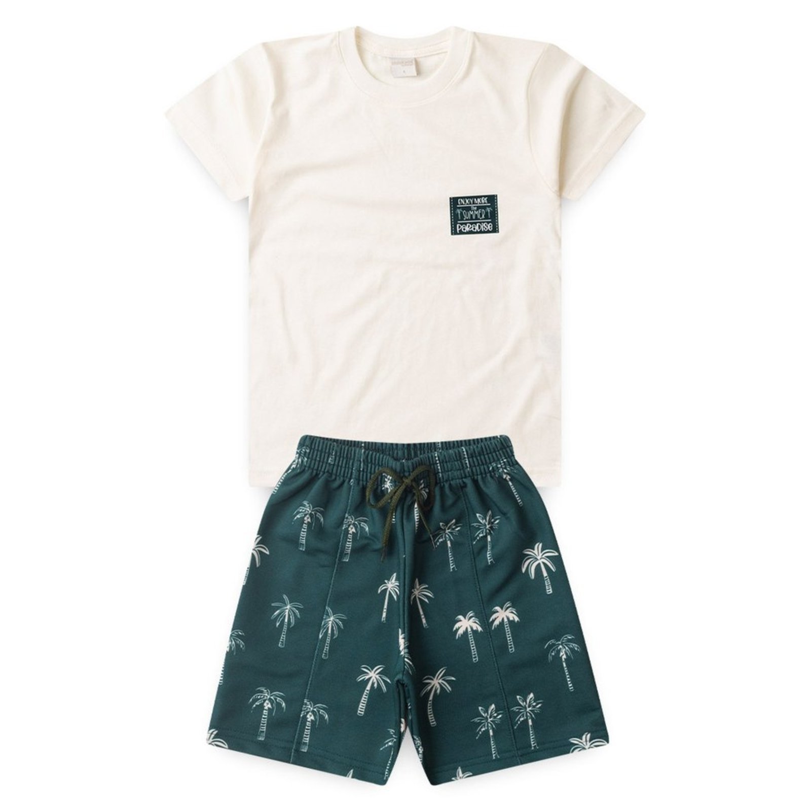 Vista 3 Infantil - Conjunto Molekada Verão Menino Natural Camiseta e Bermuda com Recorte Coqueiros bege natural Molekada bege natural