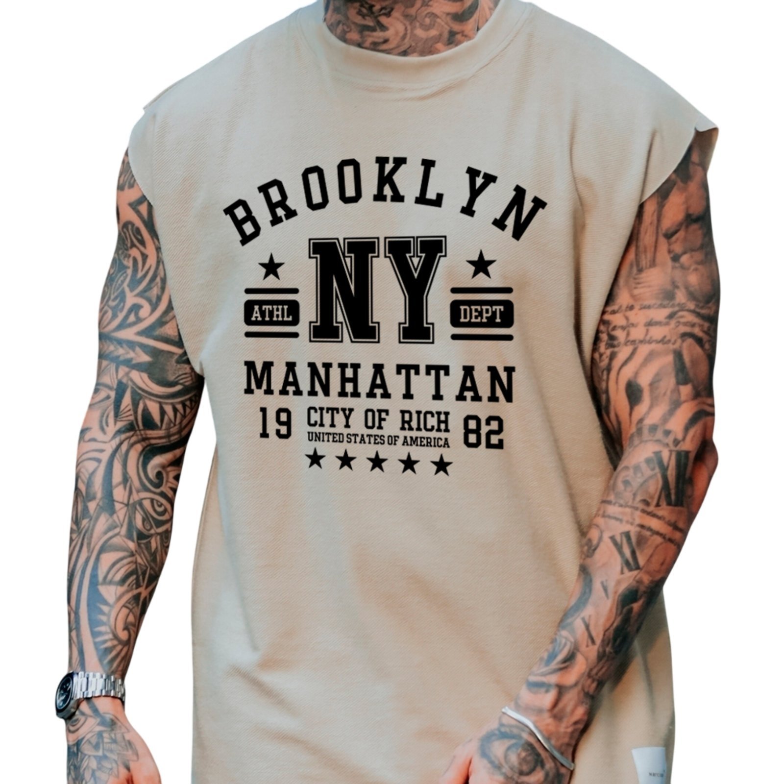 Camiseta Regata Machão Ousy Brooklyn NY Manhattan Oversized Masculina Off White