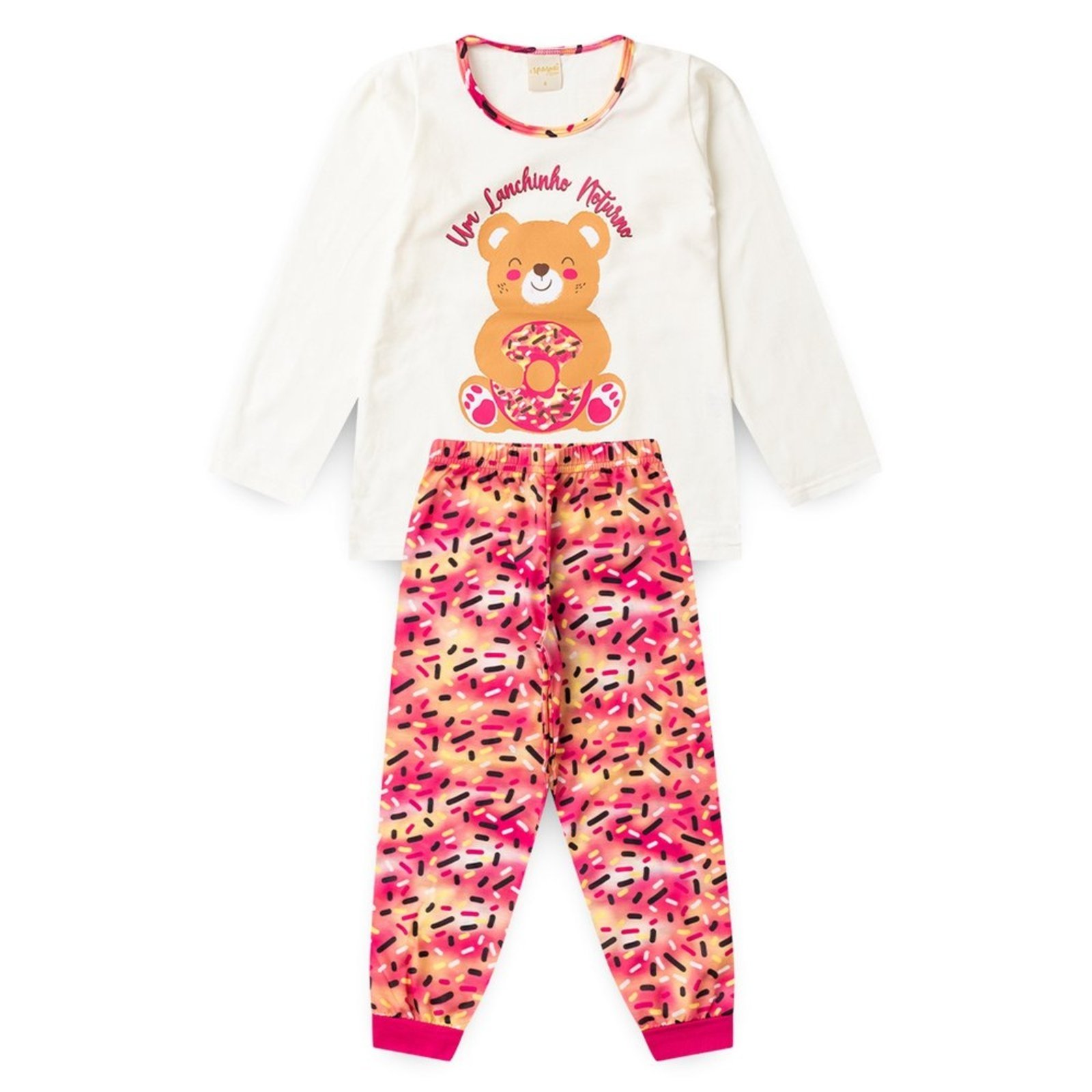 Pijama Longo Menina Natural Ursinho com Donut