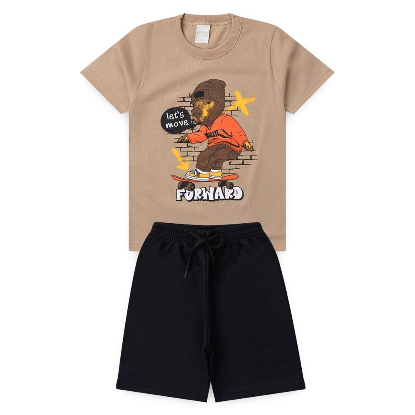 Infantil - Conjunto Verão Menino Marrom Camiseta e Bermuda Capivara Skatista