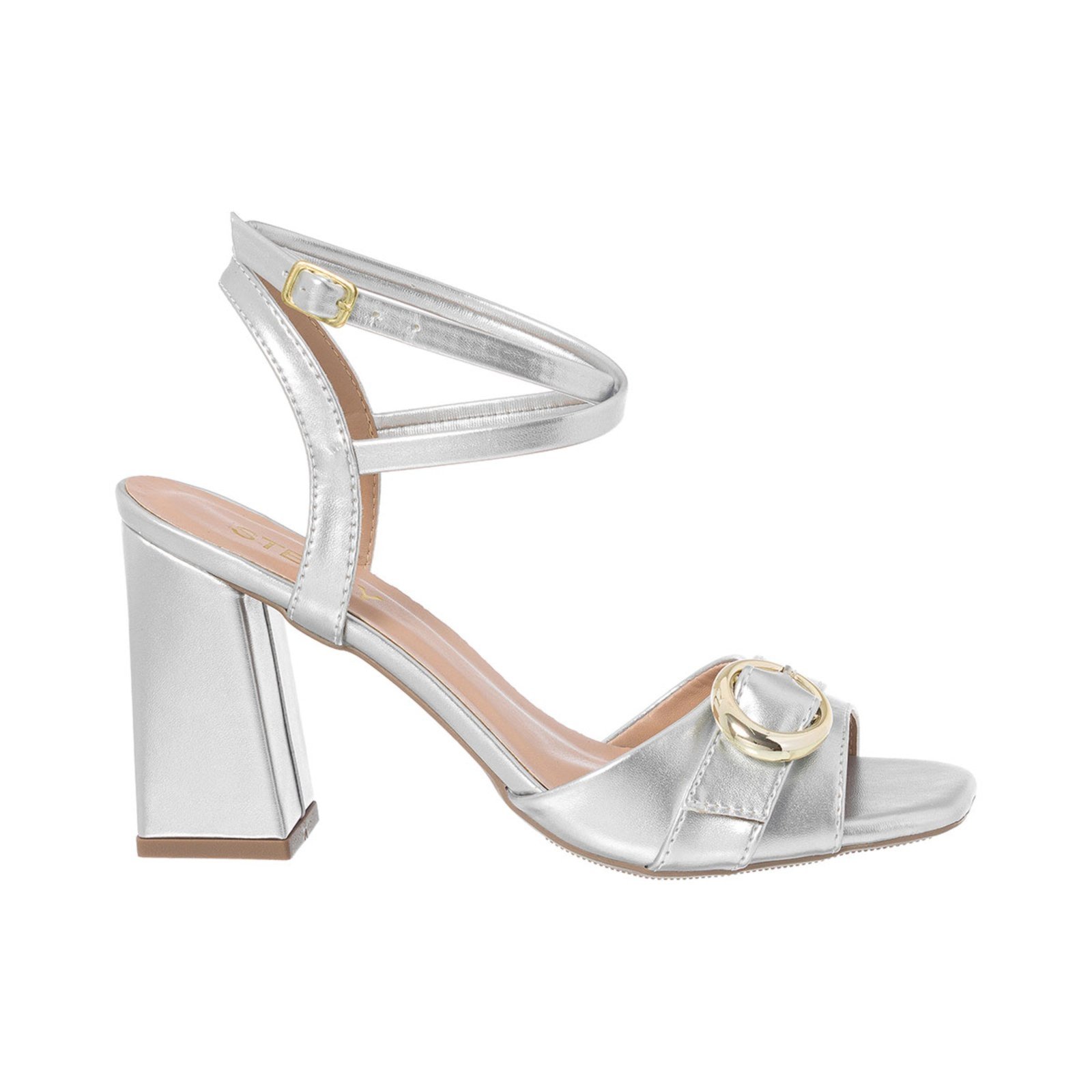 Sandália Feminina Stessy Bico Quadrado Salto Bloco Fivela Luxo Moda Prata