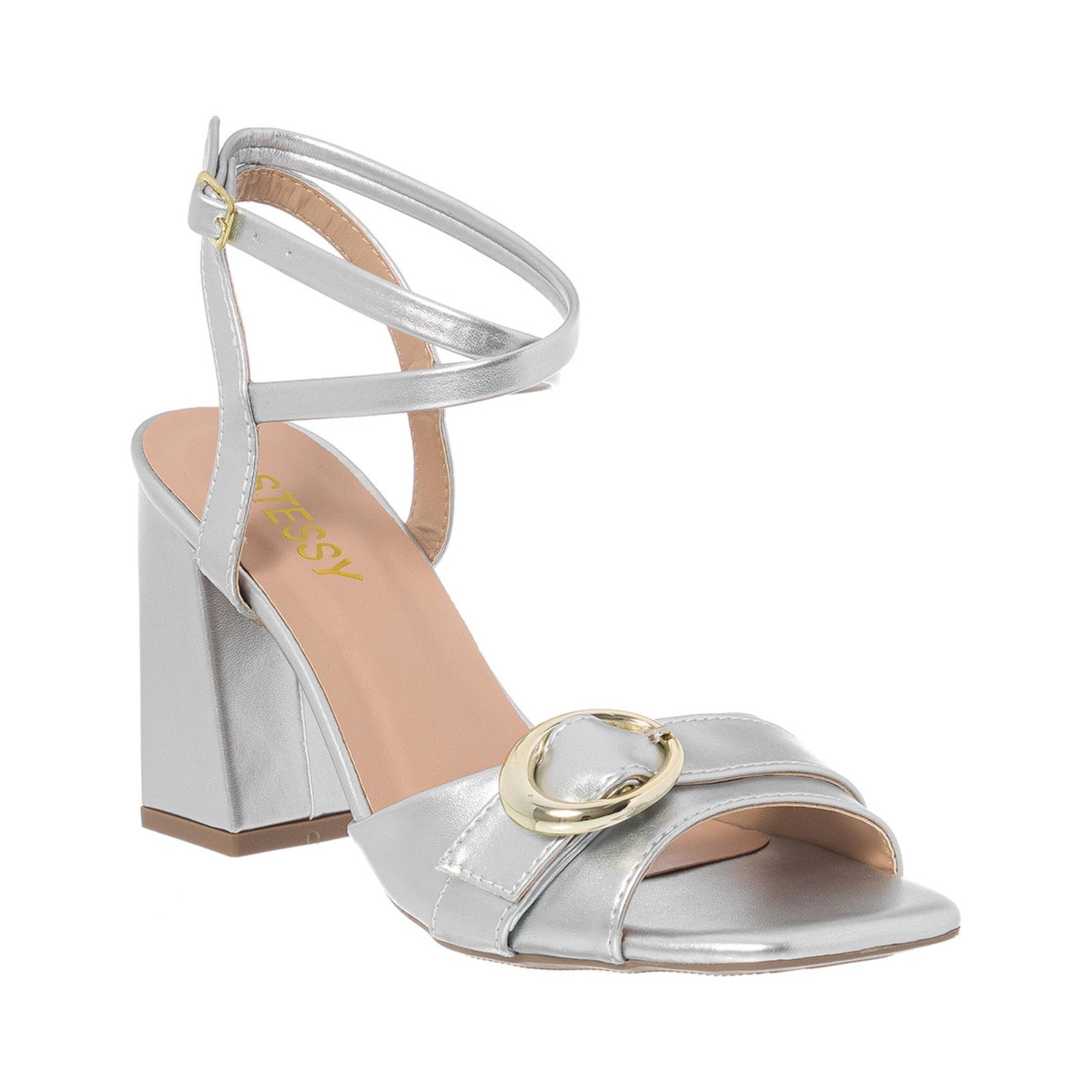 Vista 3 Sandália Feminina Stessy Bico Quadrado Salto Bloco Fivela Luxo Moda Stessy Shoes prata Stessy Shoes prata
