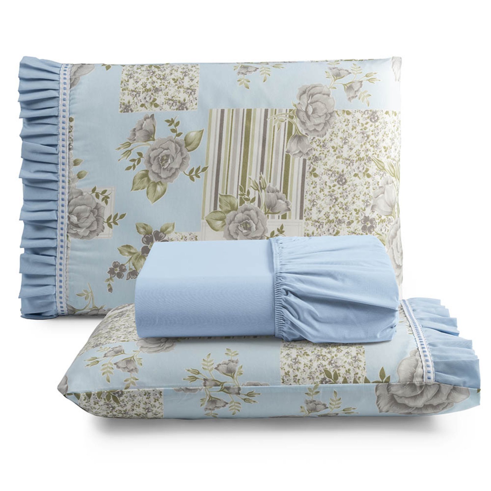 Jogo Cama Lençol Fiore Casa Scarpa Casal Padrão Estampado 180 Fios 100% Algodão com Babadinho 3 Peças Azul Floral