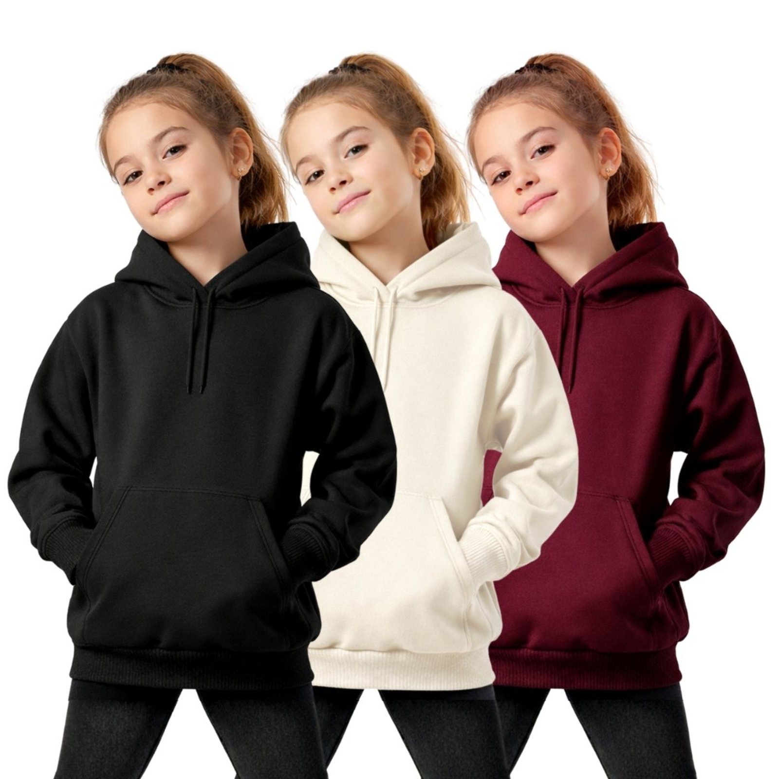 Infantil - Kit 3 Casaco Feminino Liso Moletom Canguru Com Capuz Macio