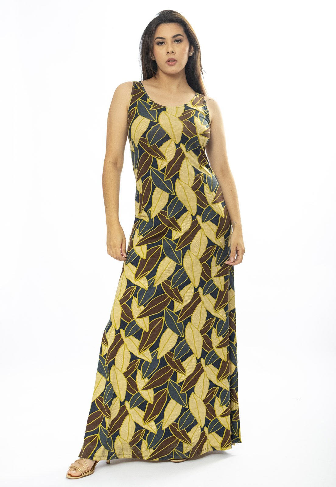 Vestido Longo Cabanafree Butiá Malha Regata Estampa Folhas de Outono