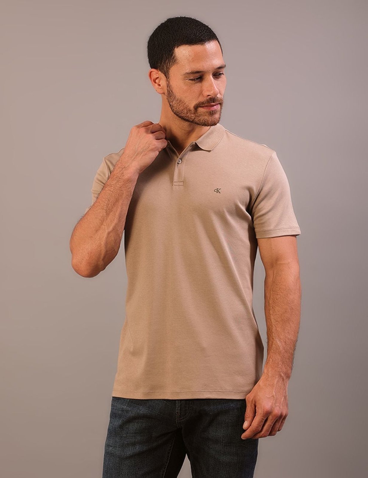 Polo Manga Curta Calvin Klein Jeans Masculino Slim Meia Malha Pima - Caqui Medio Calvin Klein Jeans