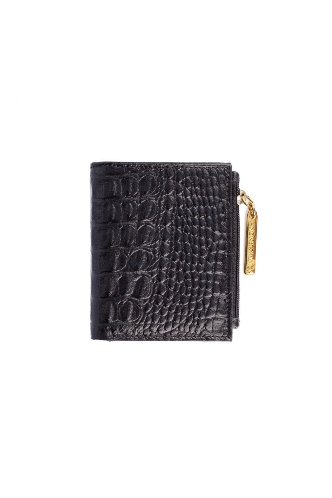 Carteira feminina de couro croco Lilian 11×9,5cm – Preto