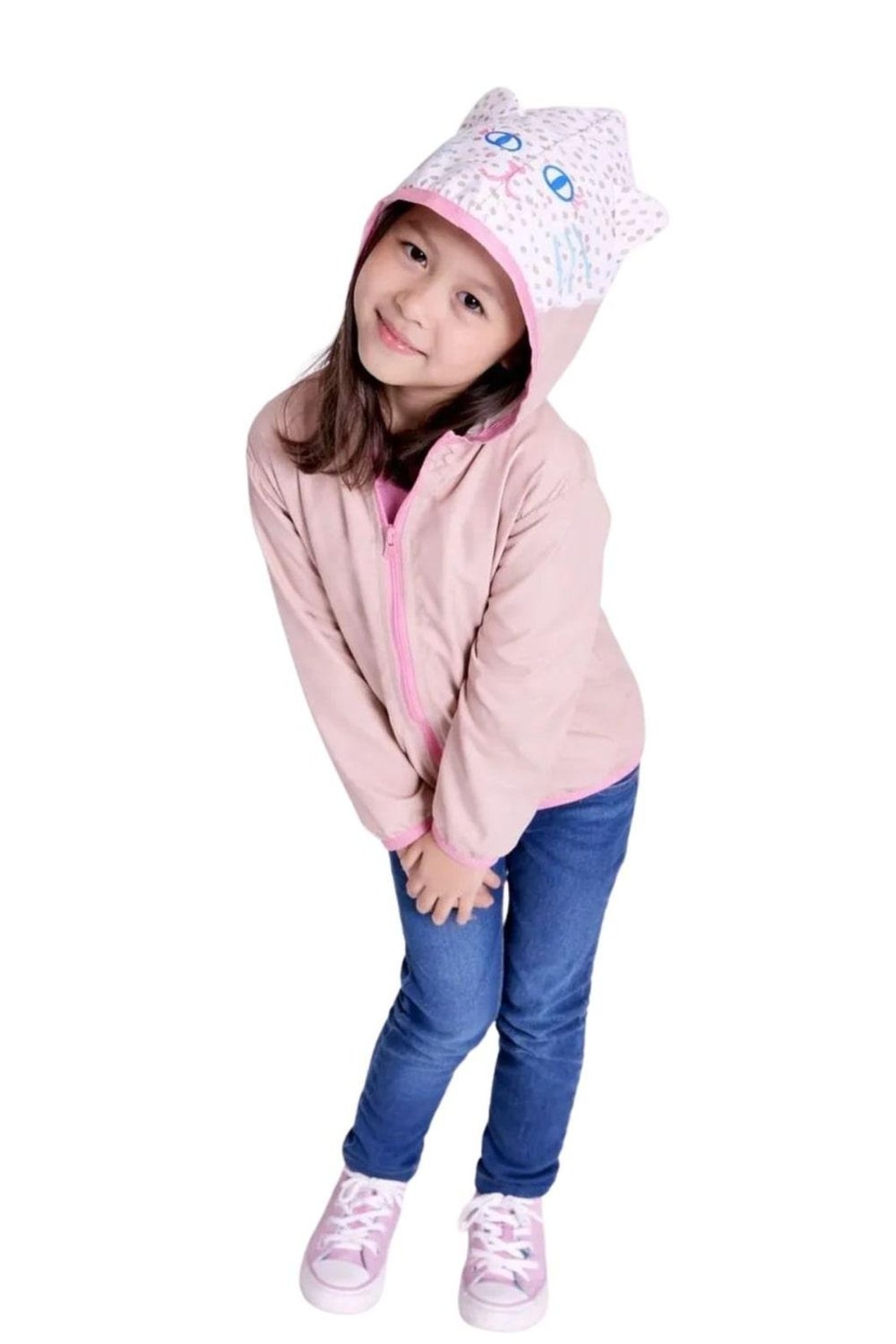 Infantil - Corta Vento Menina Rosa Gatinha Alphabeto Rosa Bege