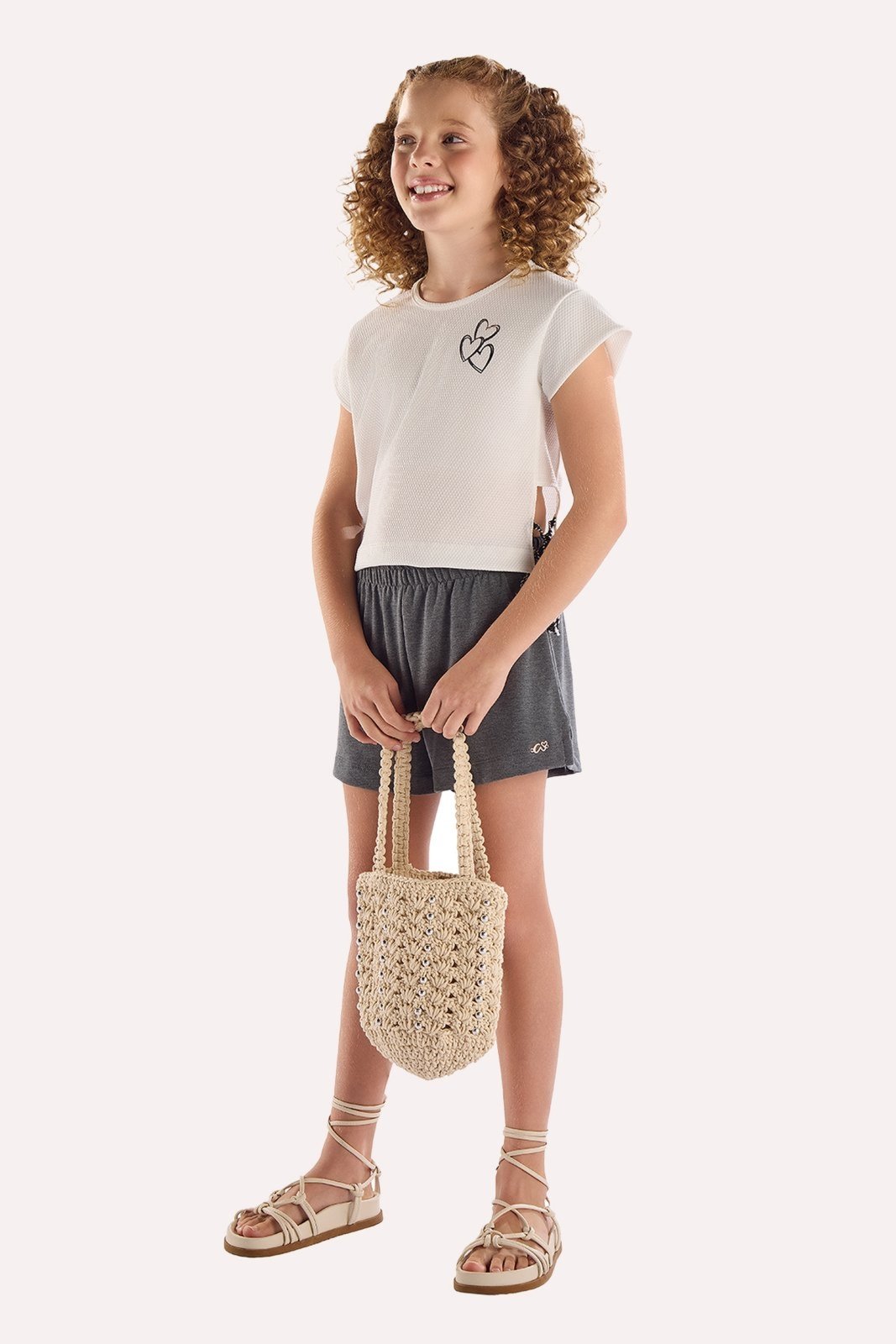 Infantil - Conjunto Off Blusa Texturizada e Shorts em Malha Mescla