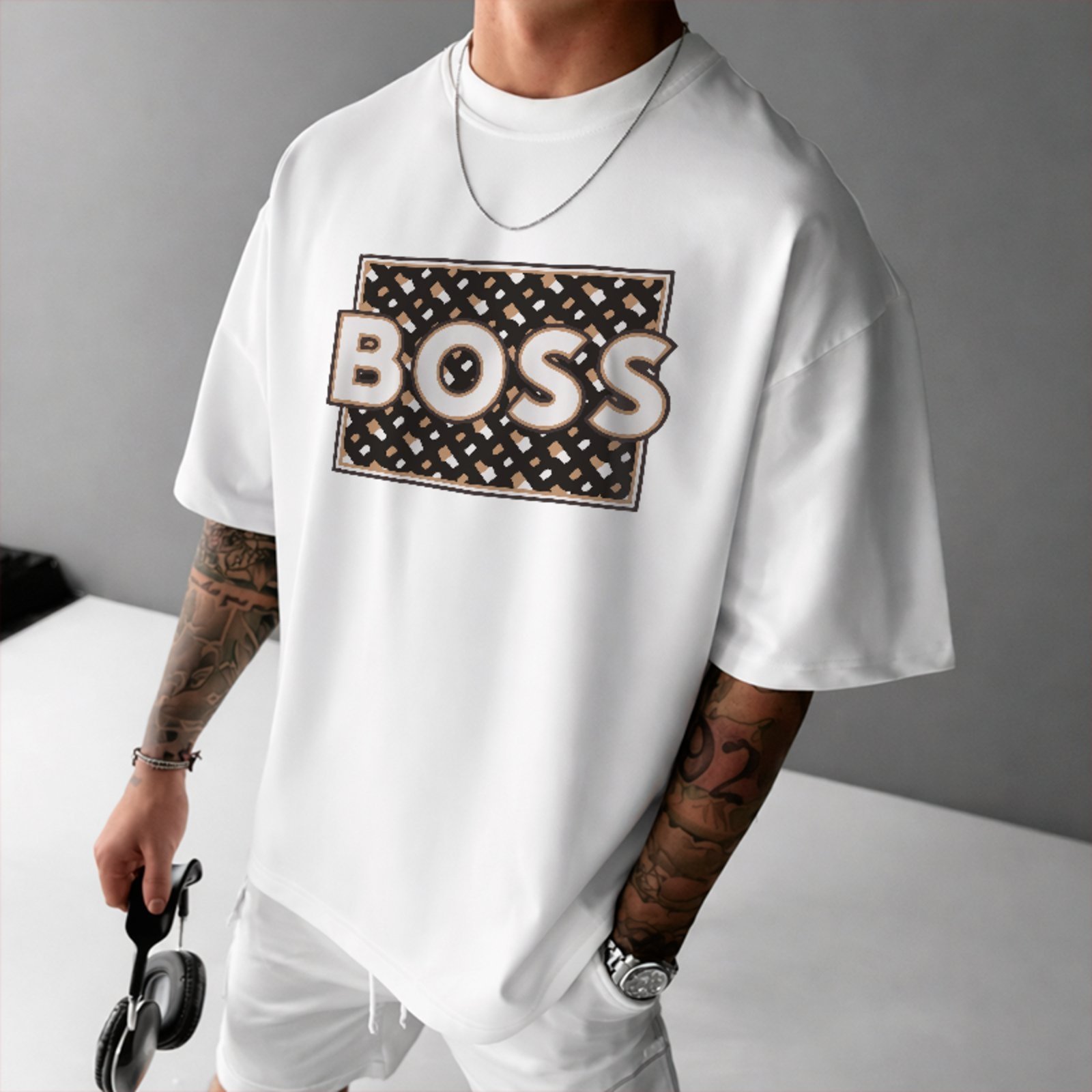 Camiseta Oversized Boss Fashion Urbana Estampa Premium Branco