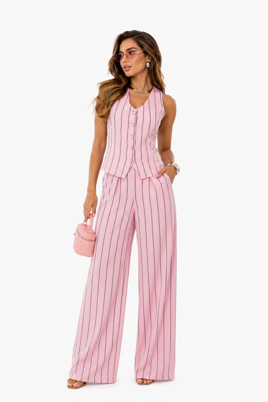 Conjunto Feminino D Bell Outlet Fashion Listrado Alfaiataria Colete Rosa Claro