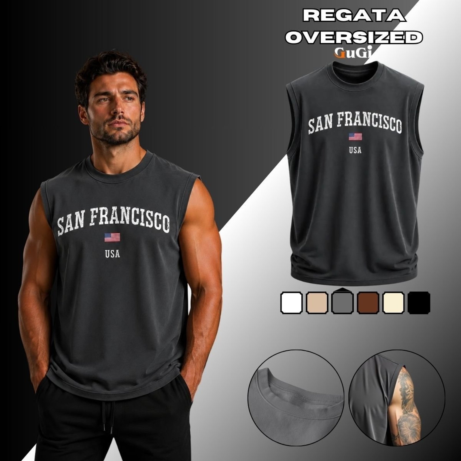 Camiseta Regata Masculina Oversized Estampada San Francisco USA 100% Algodão Chumbo