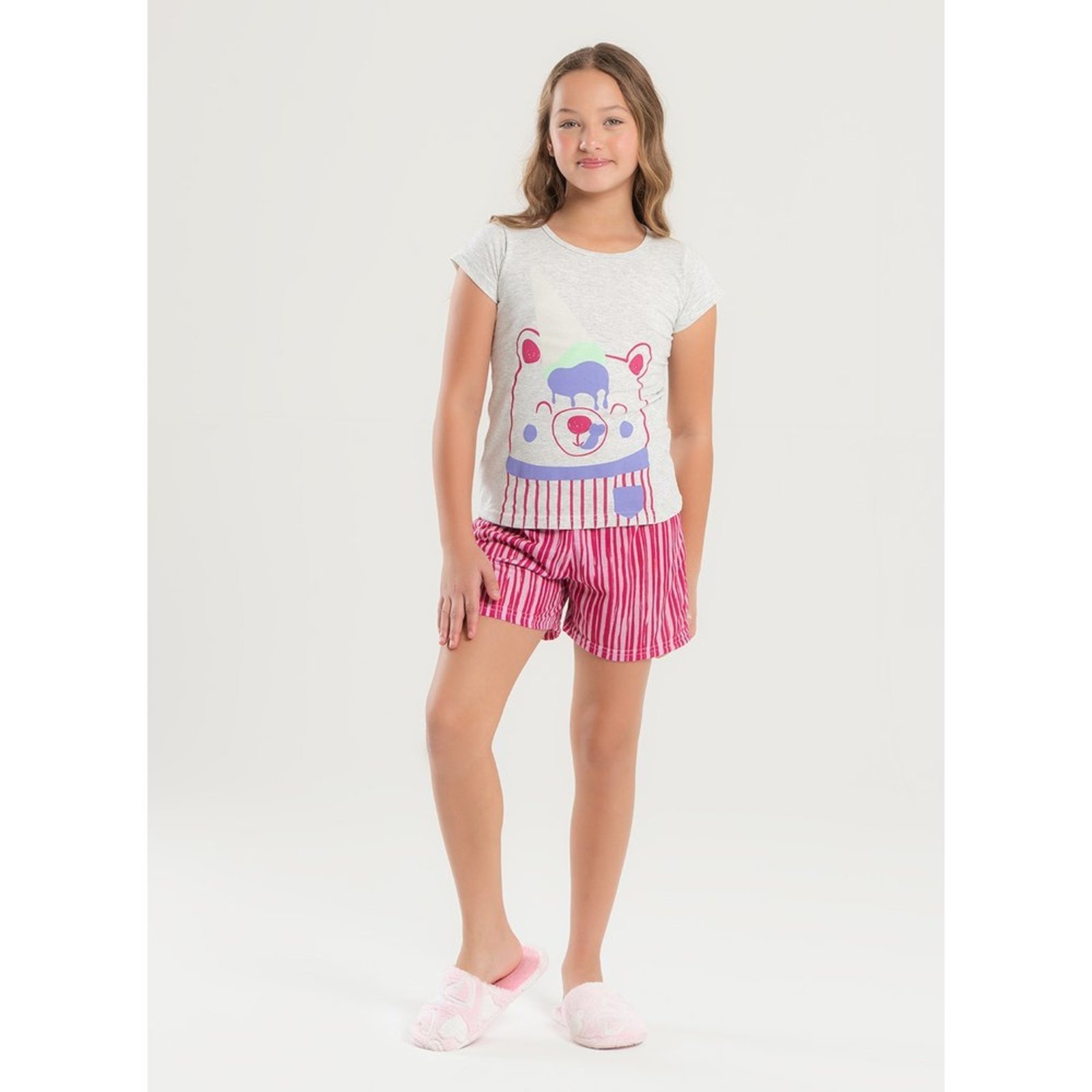 Pijama Verão Menina Mescla Blusa e Shorts Ursinho com Sorvete