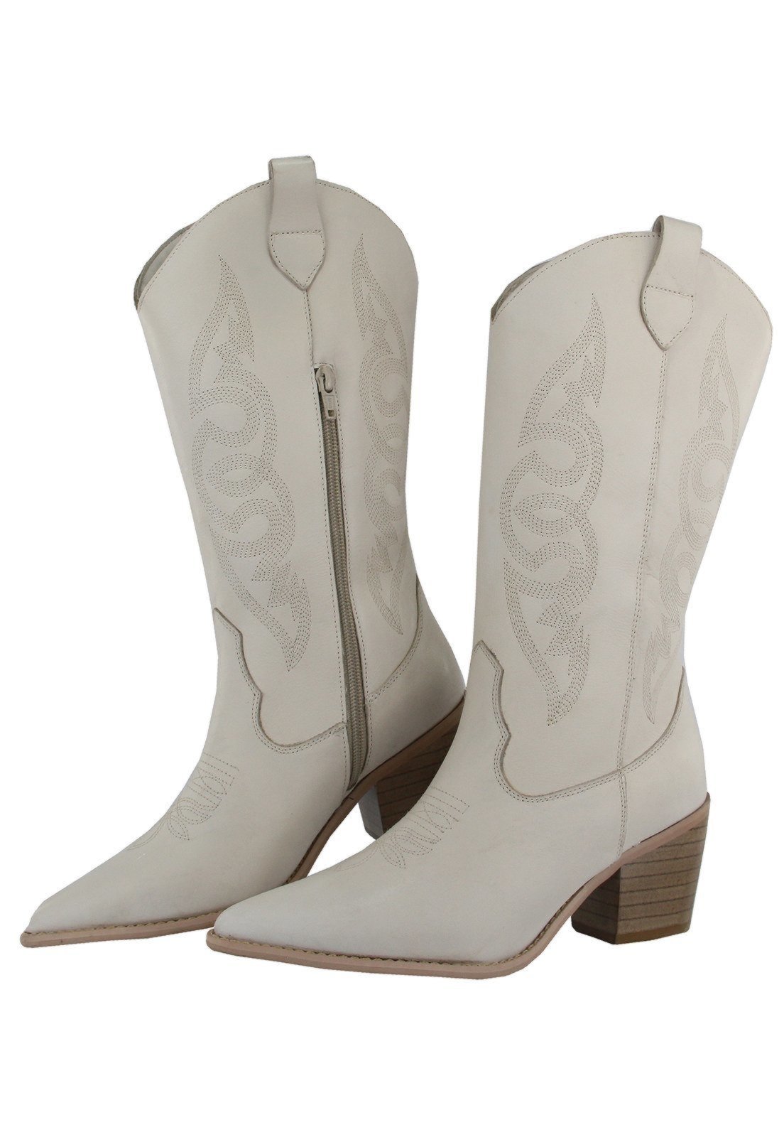 Bota Texana Country Em Couro Feminina Bico Fino Maria Paula Off White