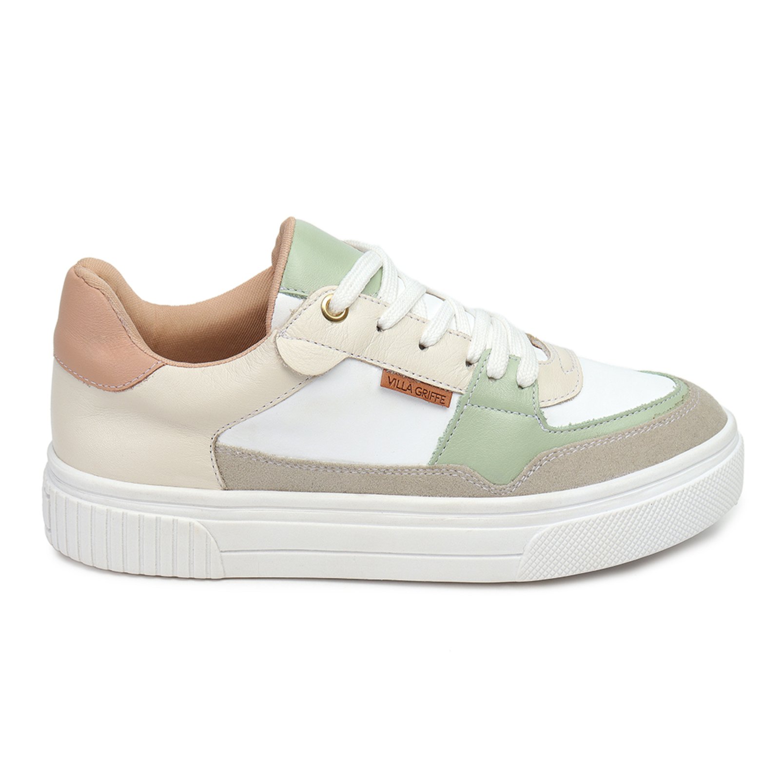 Tênis Casual Feminino Couro Legítimo Branco Verde Menta Amarena Flat Conforto