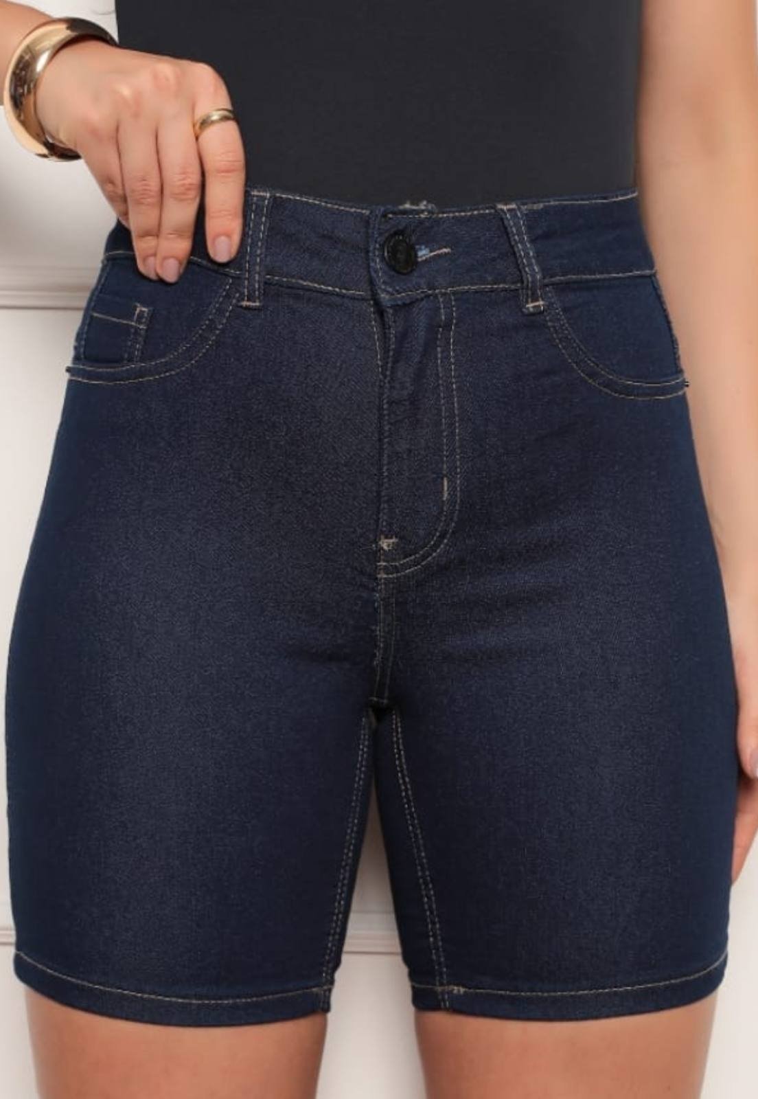 Bermuda Feminina Jeans Meia Coxa Cintura Alta Lavagem Escura
