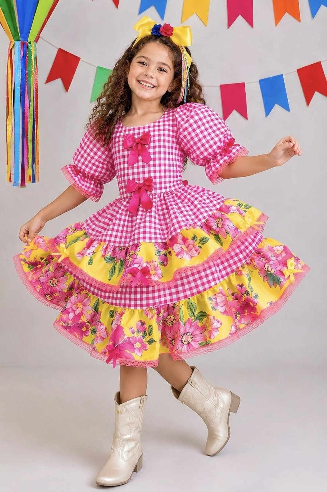 Infantil - Vestido Xadrez Festa Junina Rosa Amarelo Laços Junino Caipira Quadrilha Sinhá Rodado Luxo