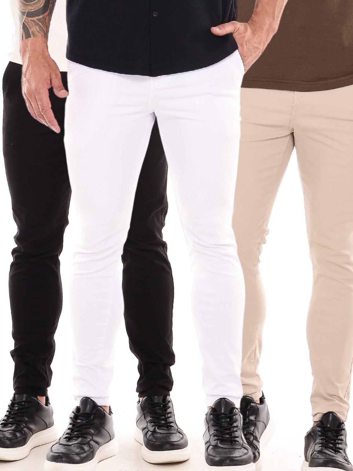 Kit 3 Calças Sarja Masculina Ethereal Jeans Confortável e Estilosa Branco Preto e Bege