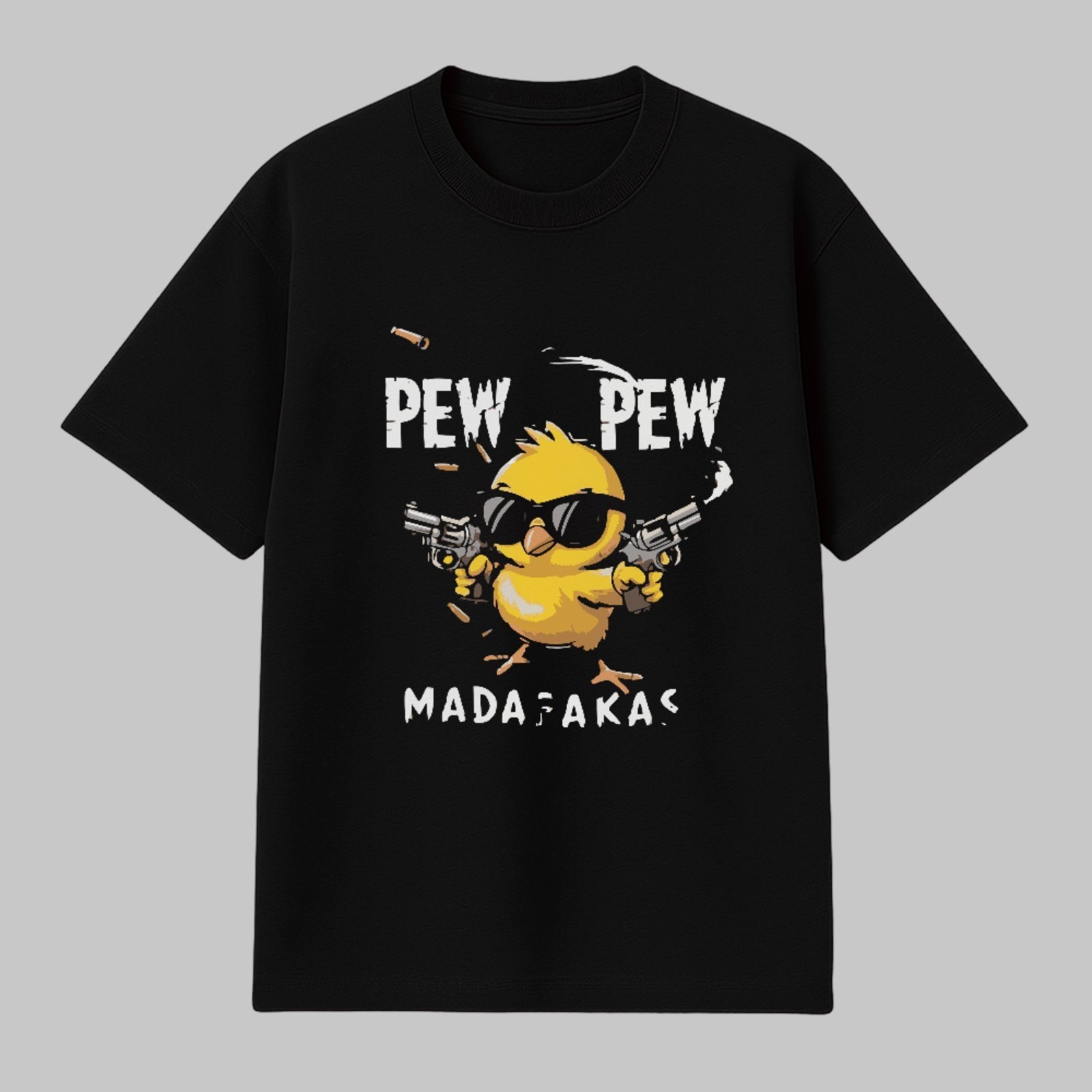 Camiseta Básica Pintinho Pew Pew Humor Madafaka Unissex Preto