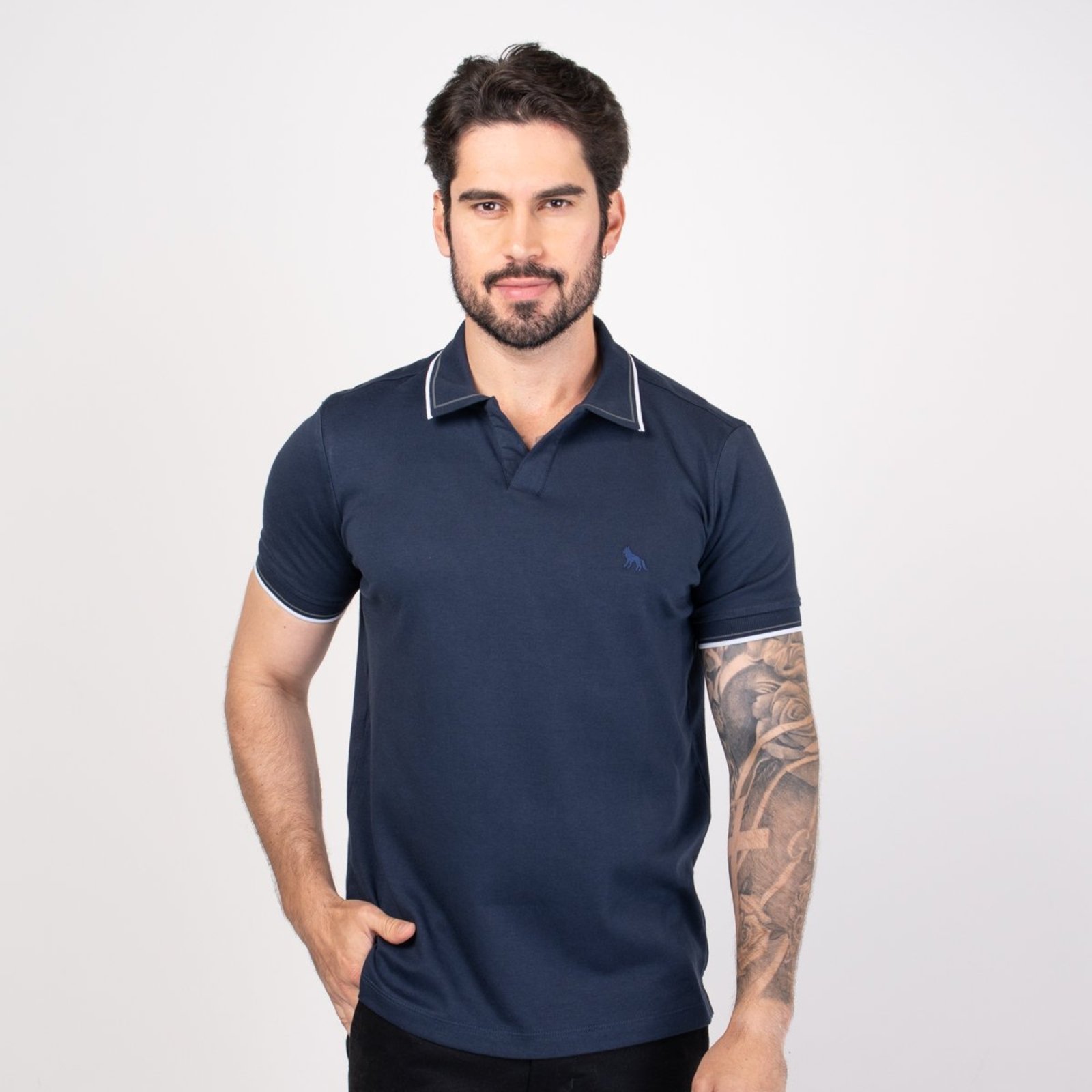 Camisa Polo Acostamento Frisos Marinho