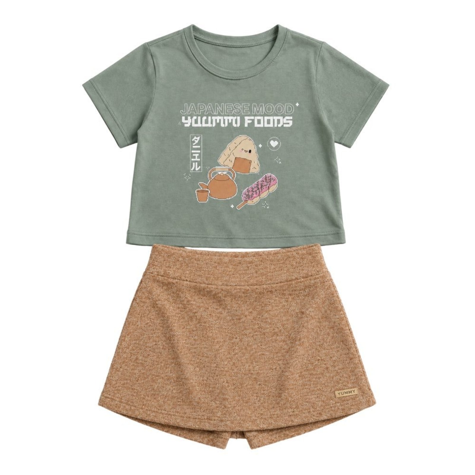 Infantil - Conjunto Menina Cropped Meia Malha Short Saia Moletinho Eco