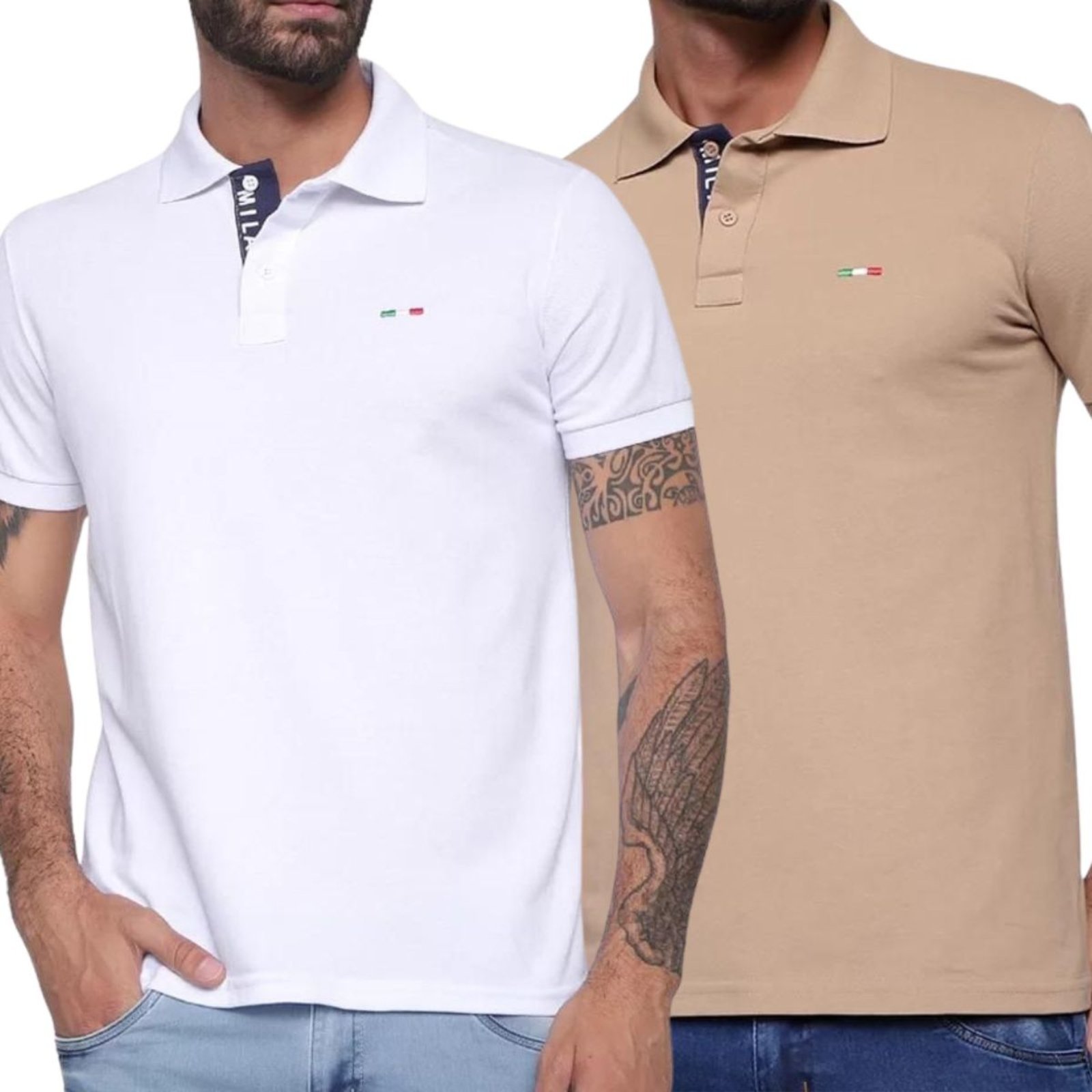 Kit 2 Polos Masculina Básicas Industrie Piquet no Estilo Tommy Bordado Itália Bege Branca