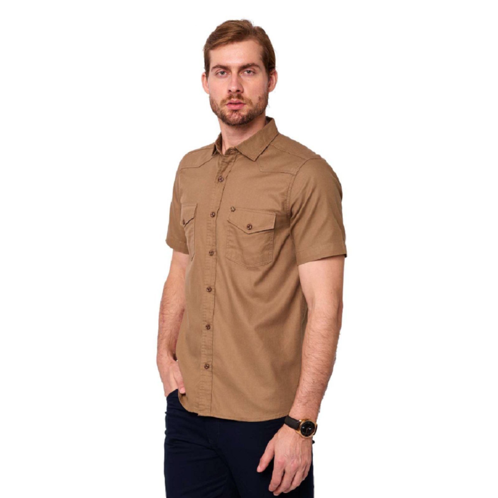 Camisa Social Sarja Estilo Militar Manga Curta Original Amil Castanho
