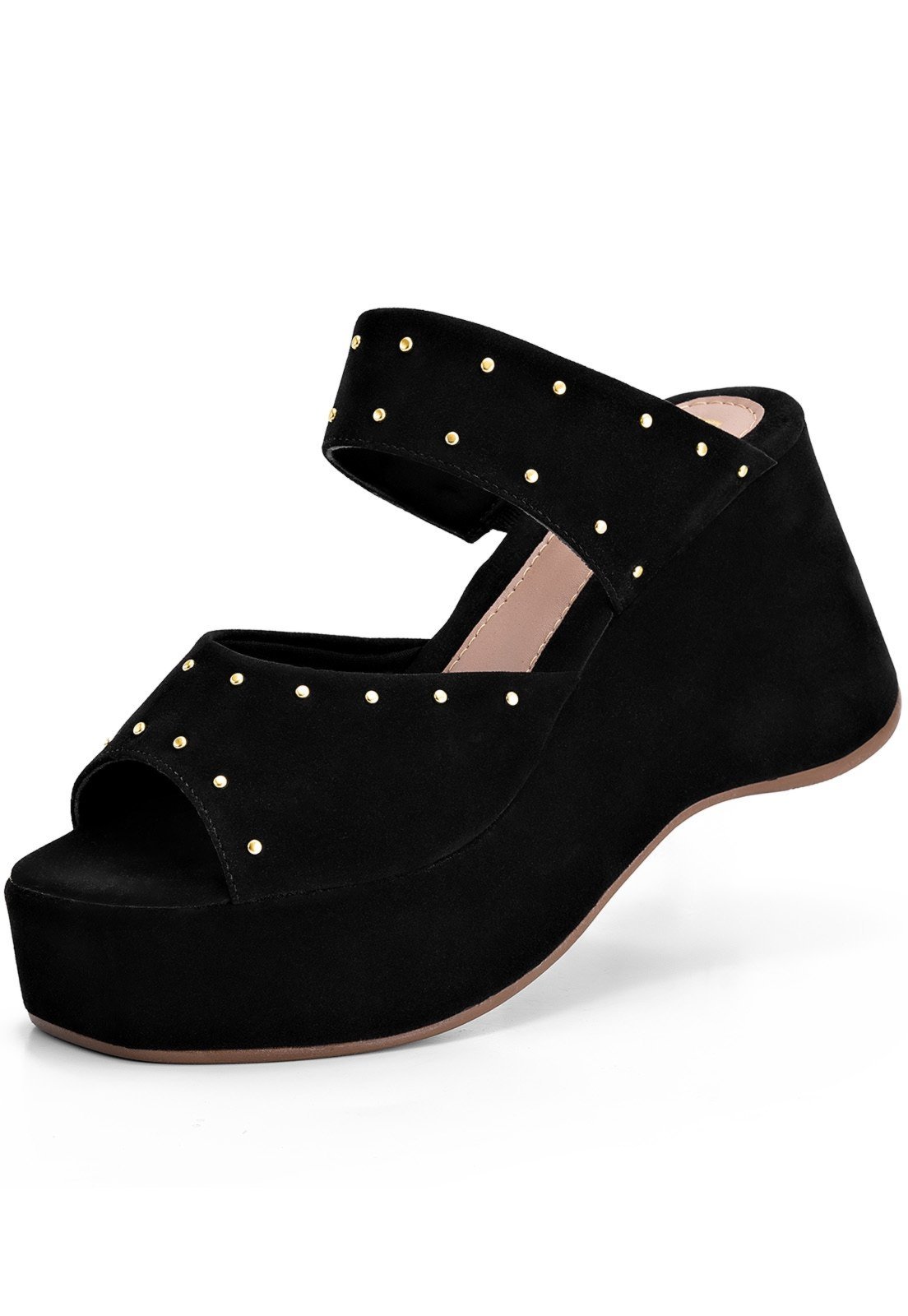 Vista 2 Sandália Anabela Feminina Lumiss Camurção Rebite Tachas Dourada Plataforma Confortável preto LUMISS preto