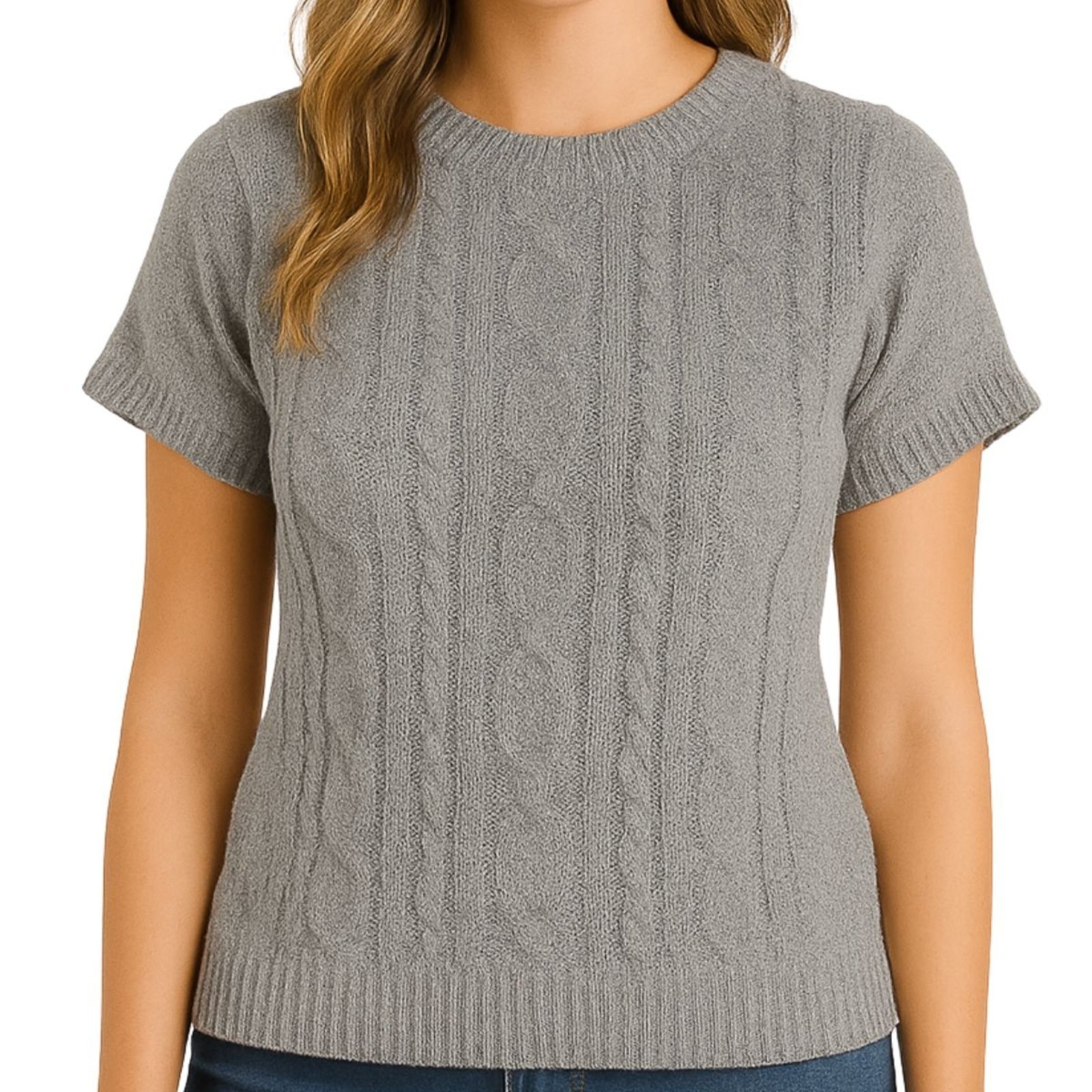 Blusa FMF Feminina Tricô Manga Curta Canelada Trama Trançada Cinza
