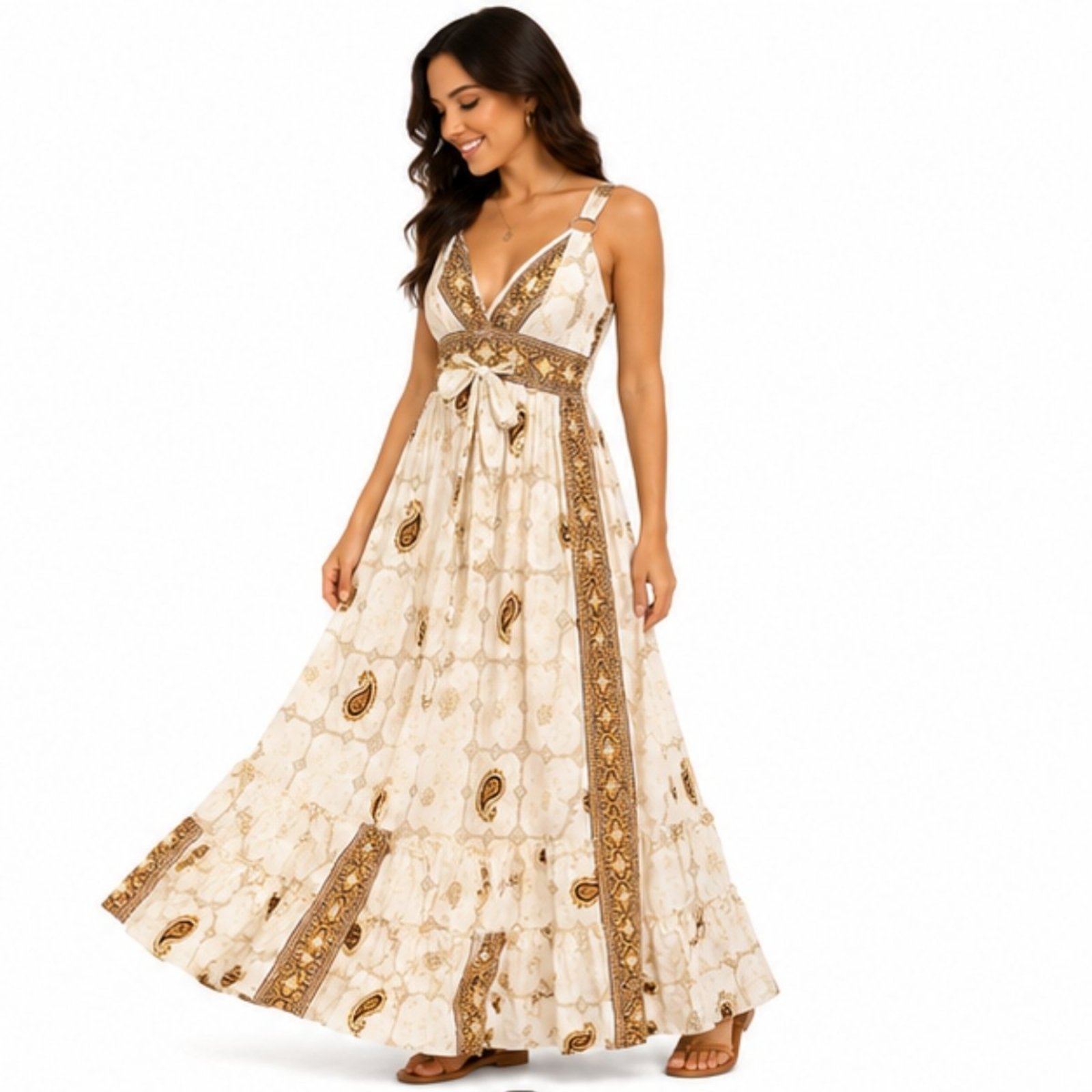 Vestido Longo Indiano Feminino Estampado Decote V com Lastex Branco