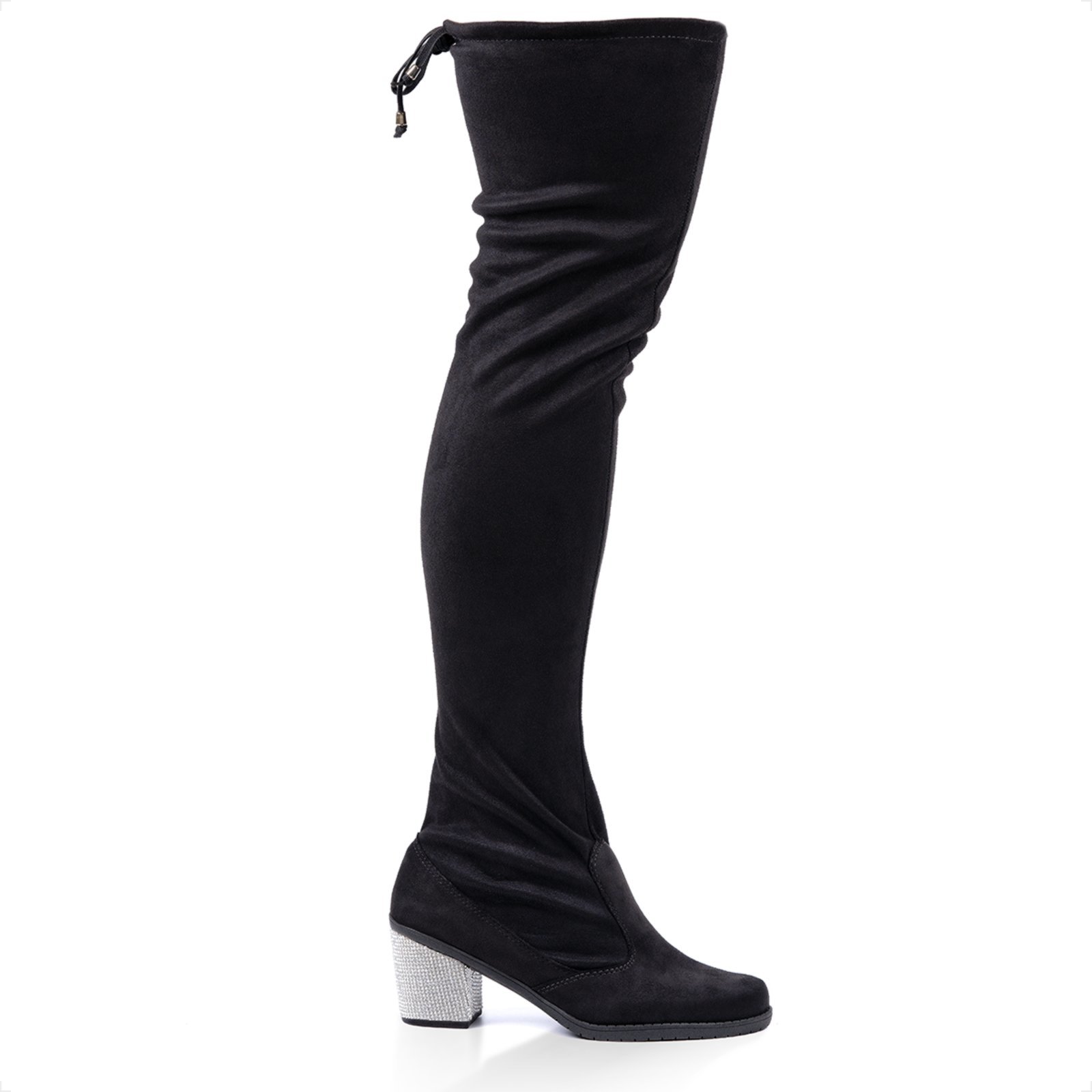 Bota Domidona Salto Over The Knee Acima Do Joelho Camurça Stretch Preta