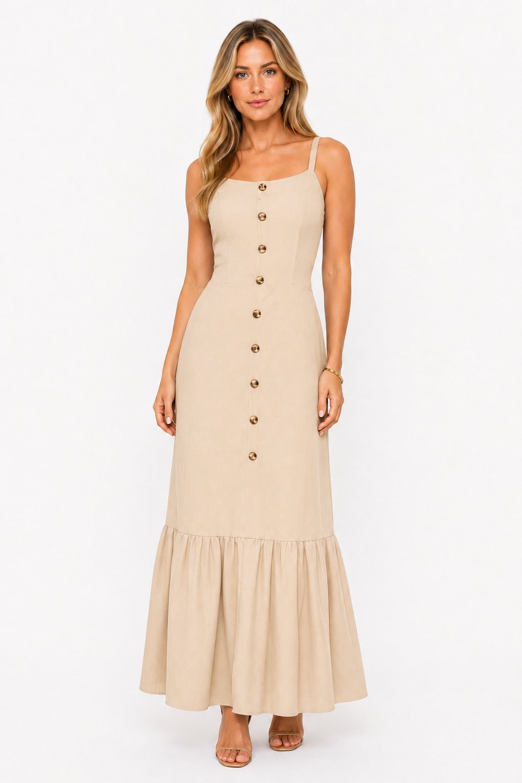 Vestido Longo D Bell Outlet Fashion Botões Bege