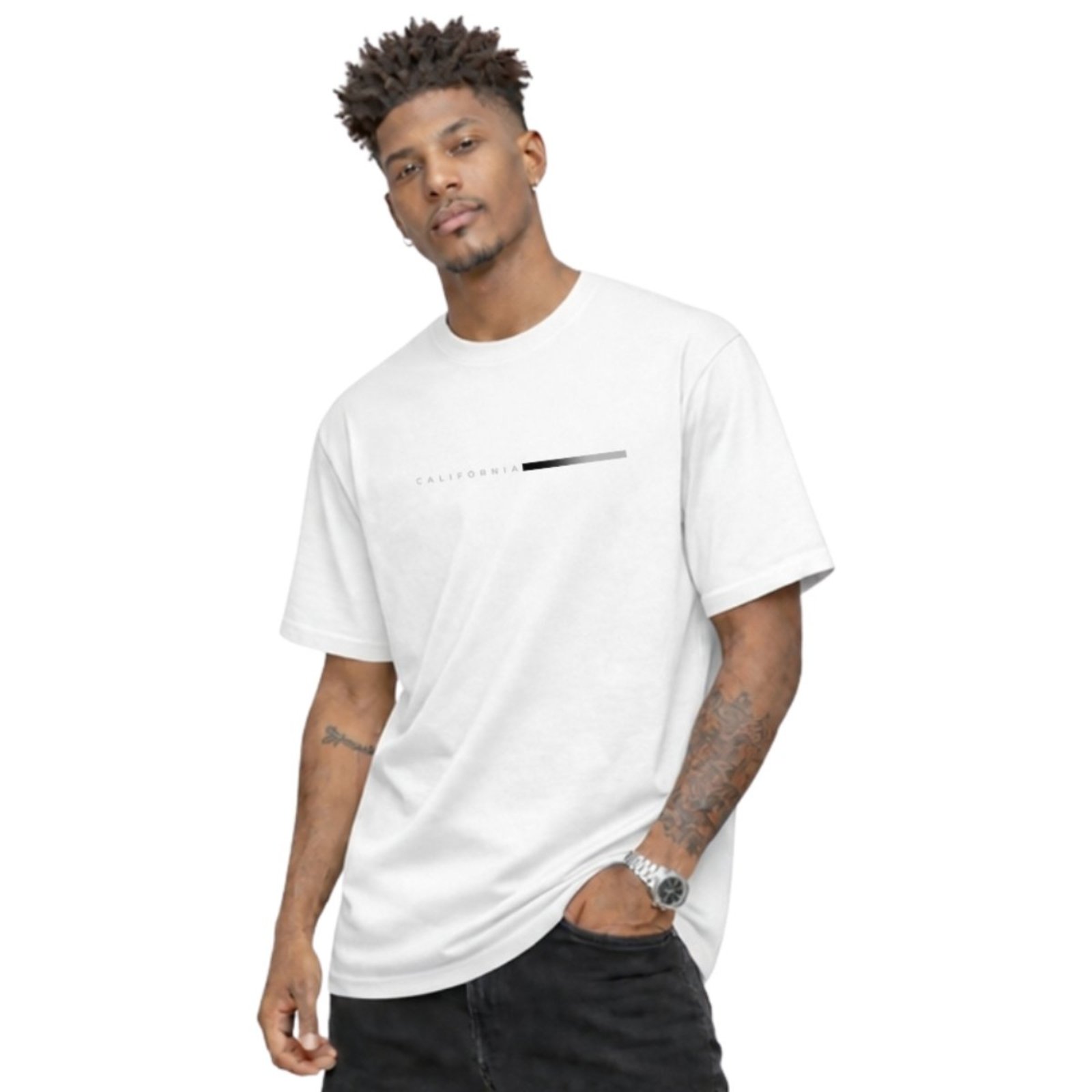 Camiseta Basica Algodão Gola Redonda Masculina Estampa Califórnia Cinza