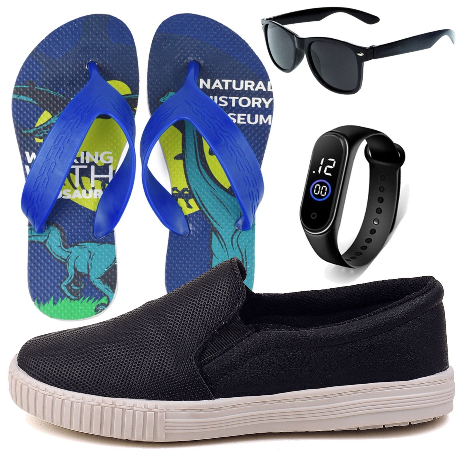 Infantil – Tênis Masculino Casual Sapatilha + Chinelo + Óculos e Relógio