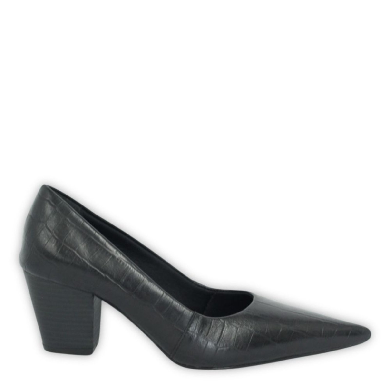 Scarpin Bico Fino em Couro Salto Grosso 6 CM Croco Preto Spinelli