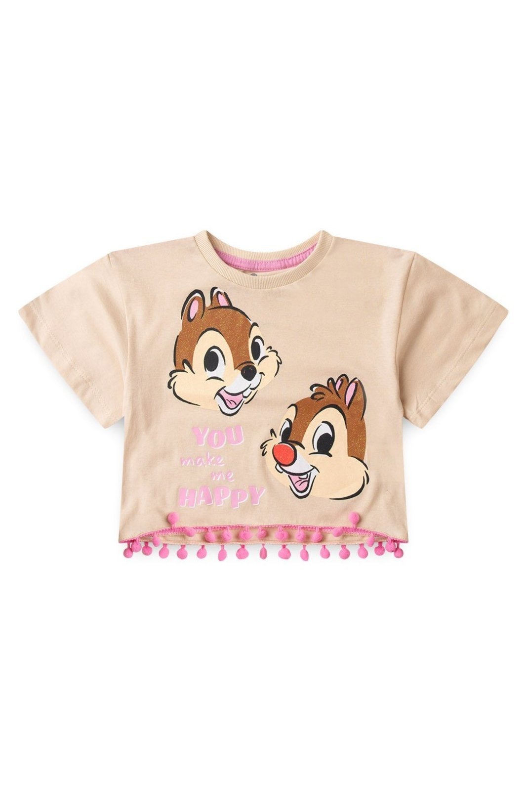 Infantil – Blusa Disney Tico e Teco Manga Feminina Curta Comprimento Box com Pompom