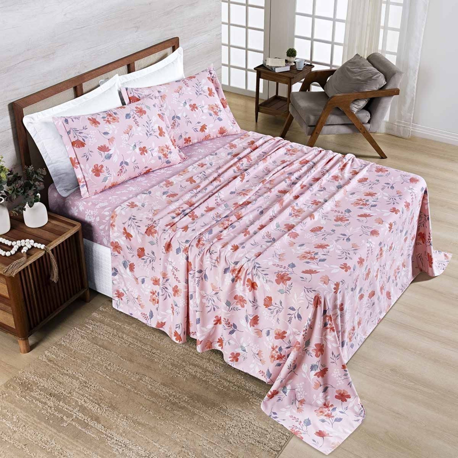 Jogo Cama Lençol Casa Scarpa Belle Casal Padrão 400 Fios Estampado 4 Peças Floral Rosê