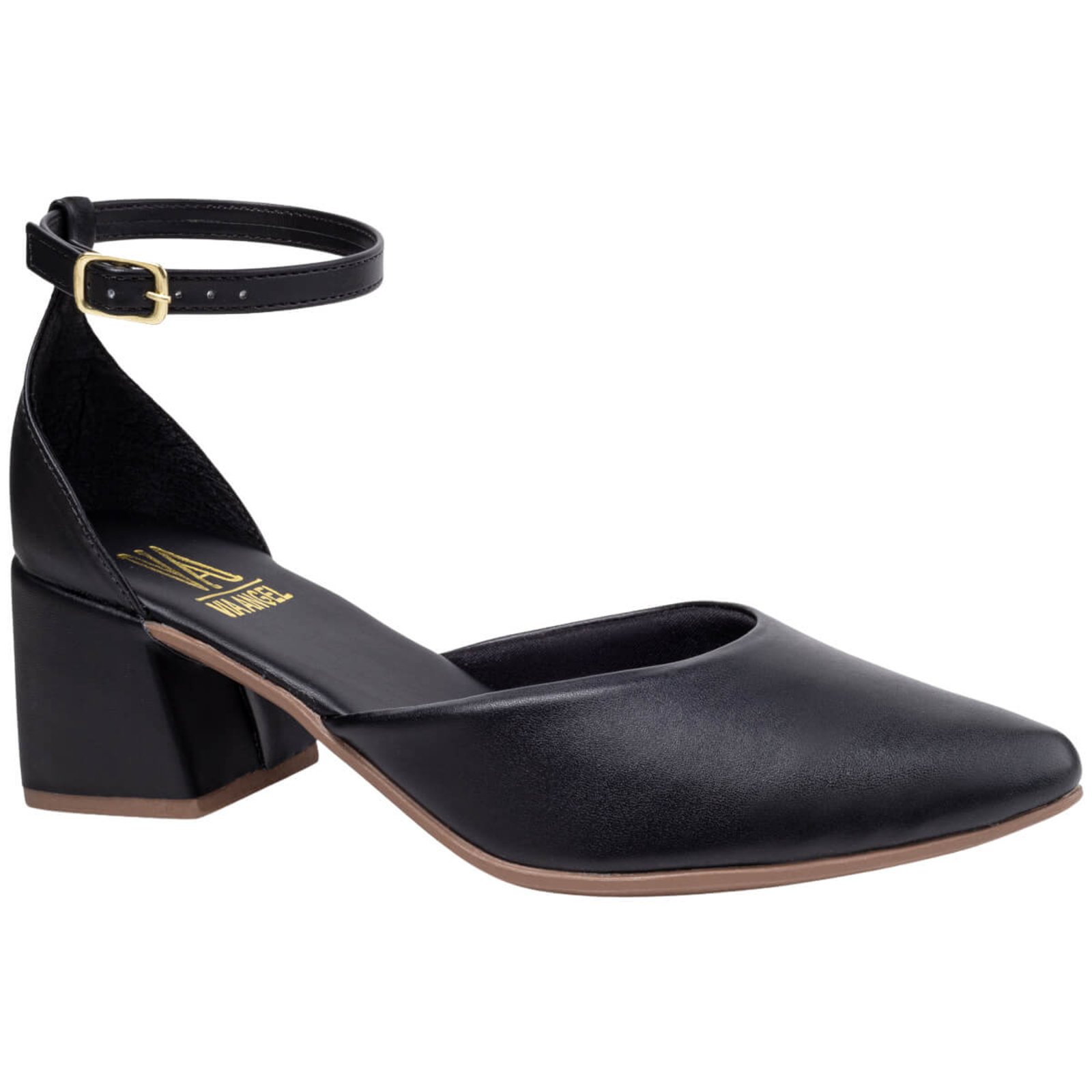 Sapato Feminino Bico Fino Social Scarpin Salto Médio Grosso Confortável Via Angel 9102. Preto