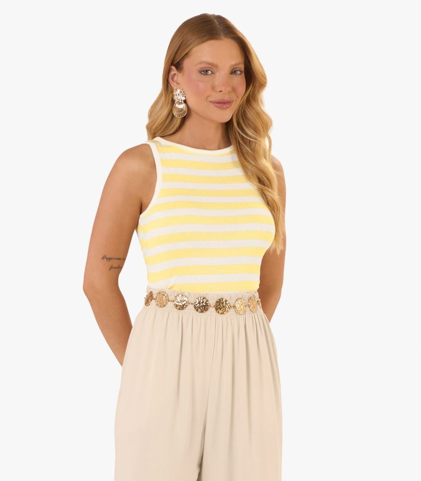 Regata Feminina Ribana De Viscose Listrada Rovitex Amarelo
