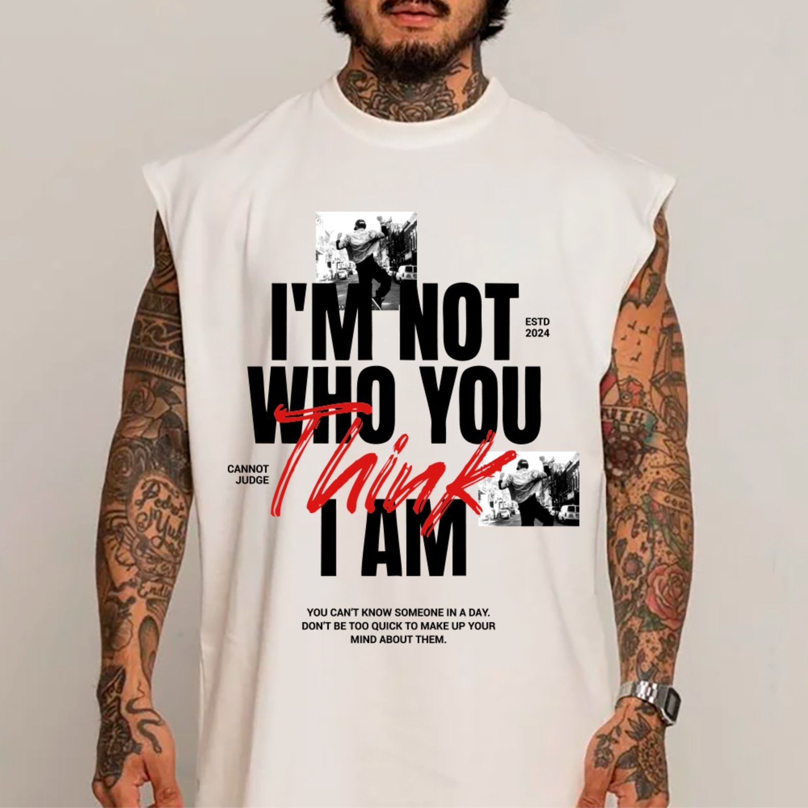 Camiseta Regata Machão Ousy Im Not Who You Think I Am Oversized Masculina Branco