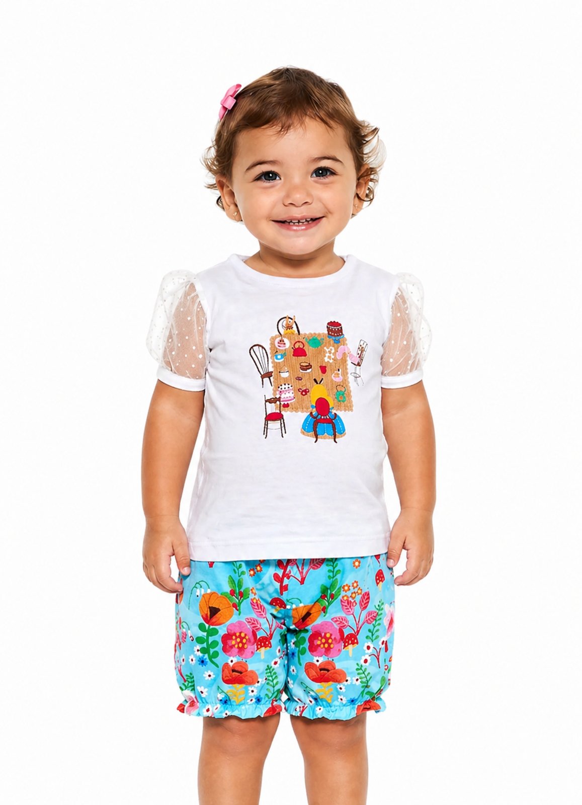 Infantil - Conjunto Jardim De Maravilhas Manga Curta Tule Branco