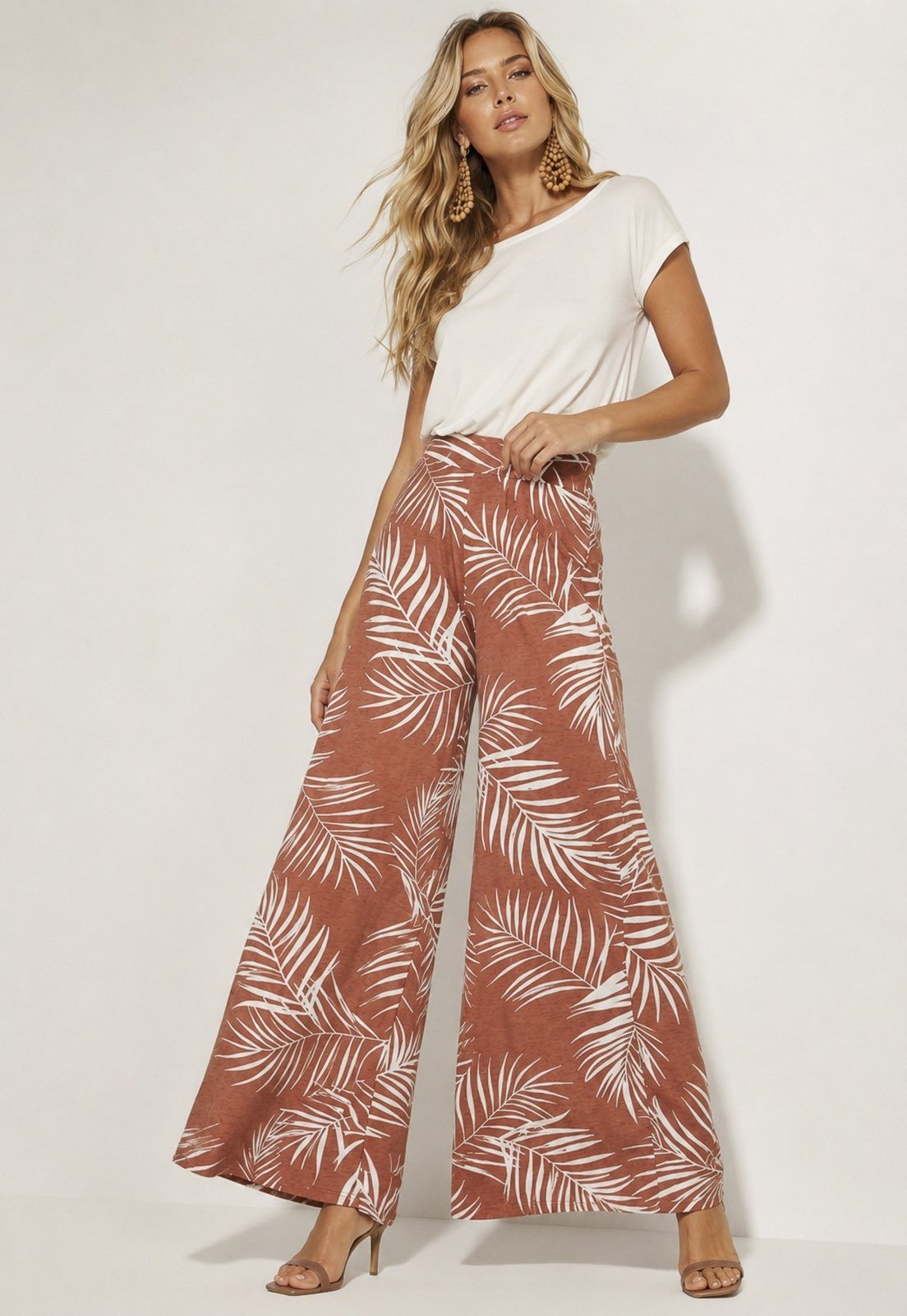 Calça Cabanafree Pantalona Granja Malha Estampa Palmas da Terra