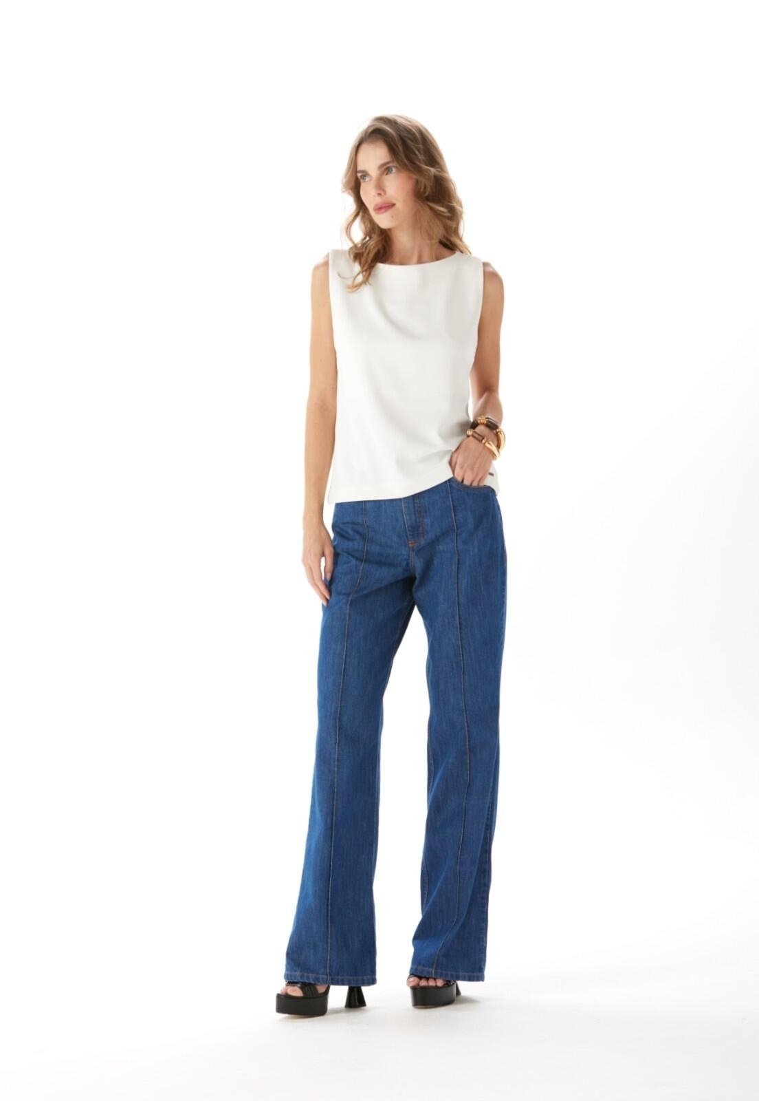 Calça Jeans Wide Leg Cintura Média Traymon Azul