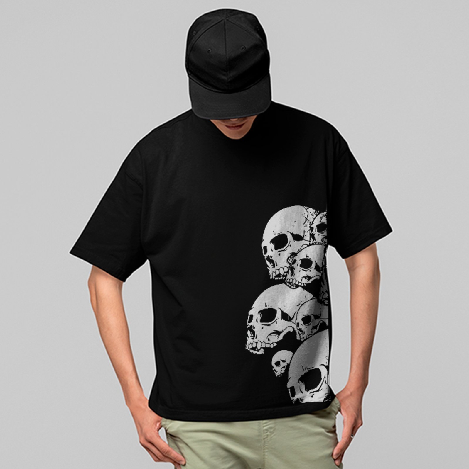 Camiseta Oversized Caveira Skull Arte Dark Street Unissex Preto