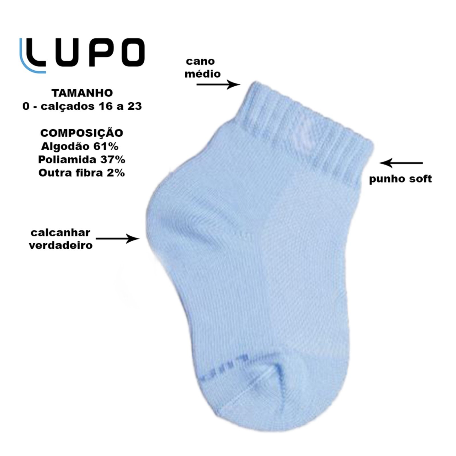 Vista 3 Kit 02 Meia Cano Médio Lupo Punho Soft Baby Branco azul/branco azul Lupo azul/branco azul